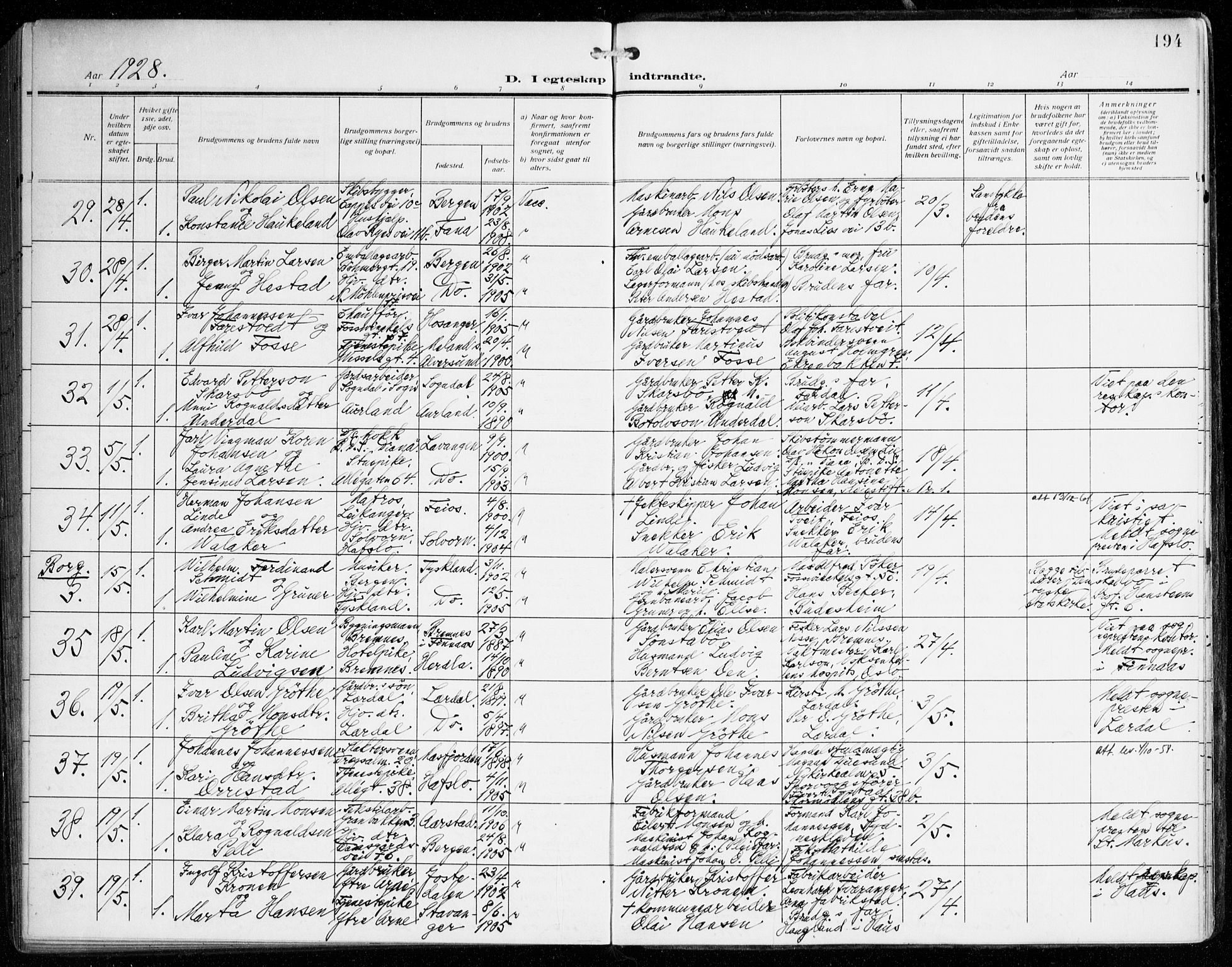 Johanneskirken sokneprestembete, AV/SAB-A-76001/H/Haa/L0013: Parish register (official) no. D 2, 1912-1929, p. 194