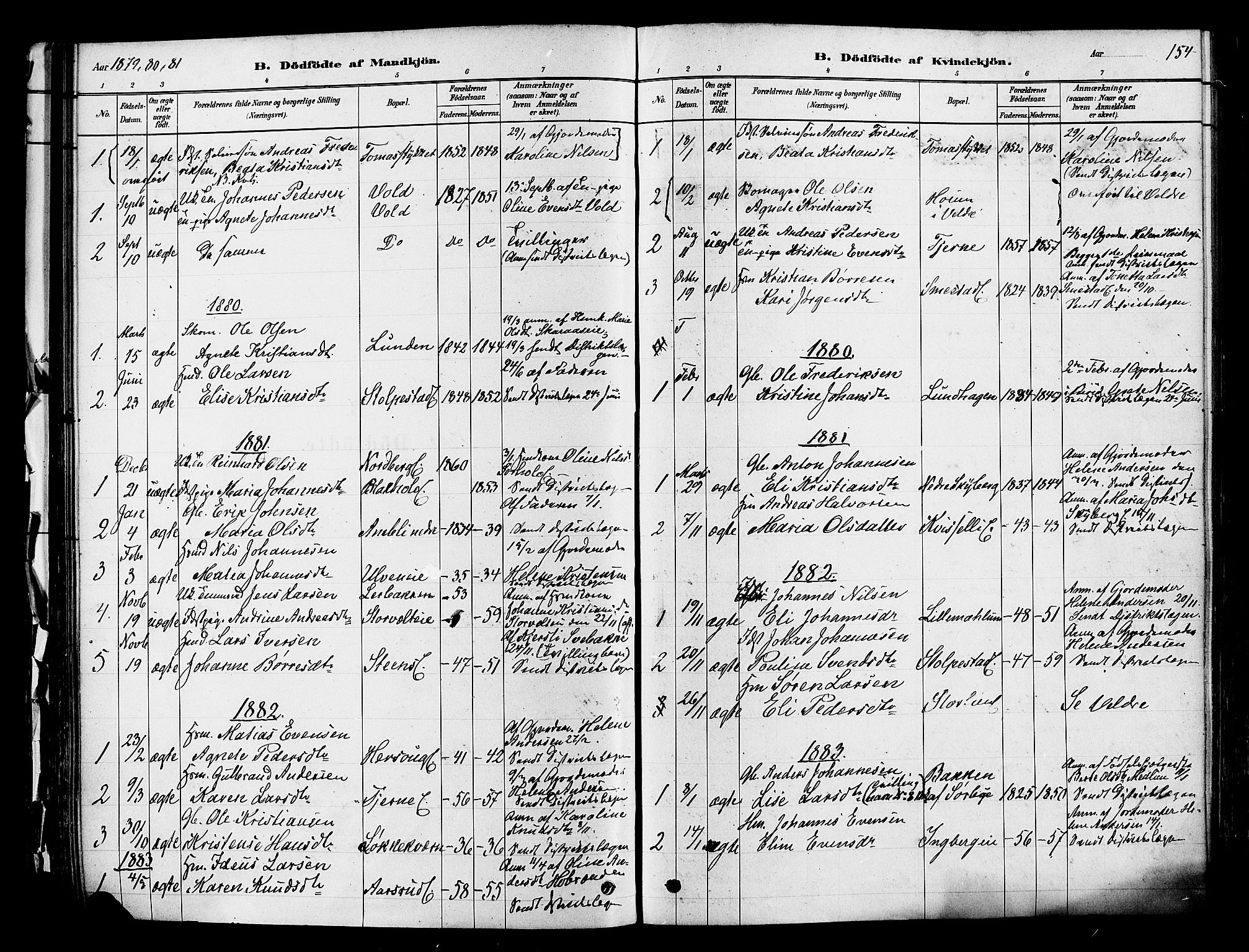 Ringsaker prestekontor, AV/SAH-PREST-014/K/Ka/L0012: Parish register (official) no. 12, 1879-1890, p. 154