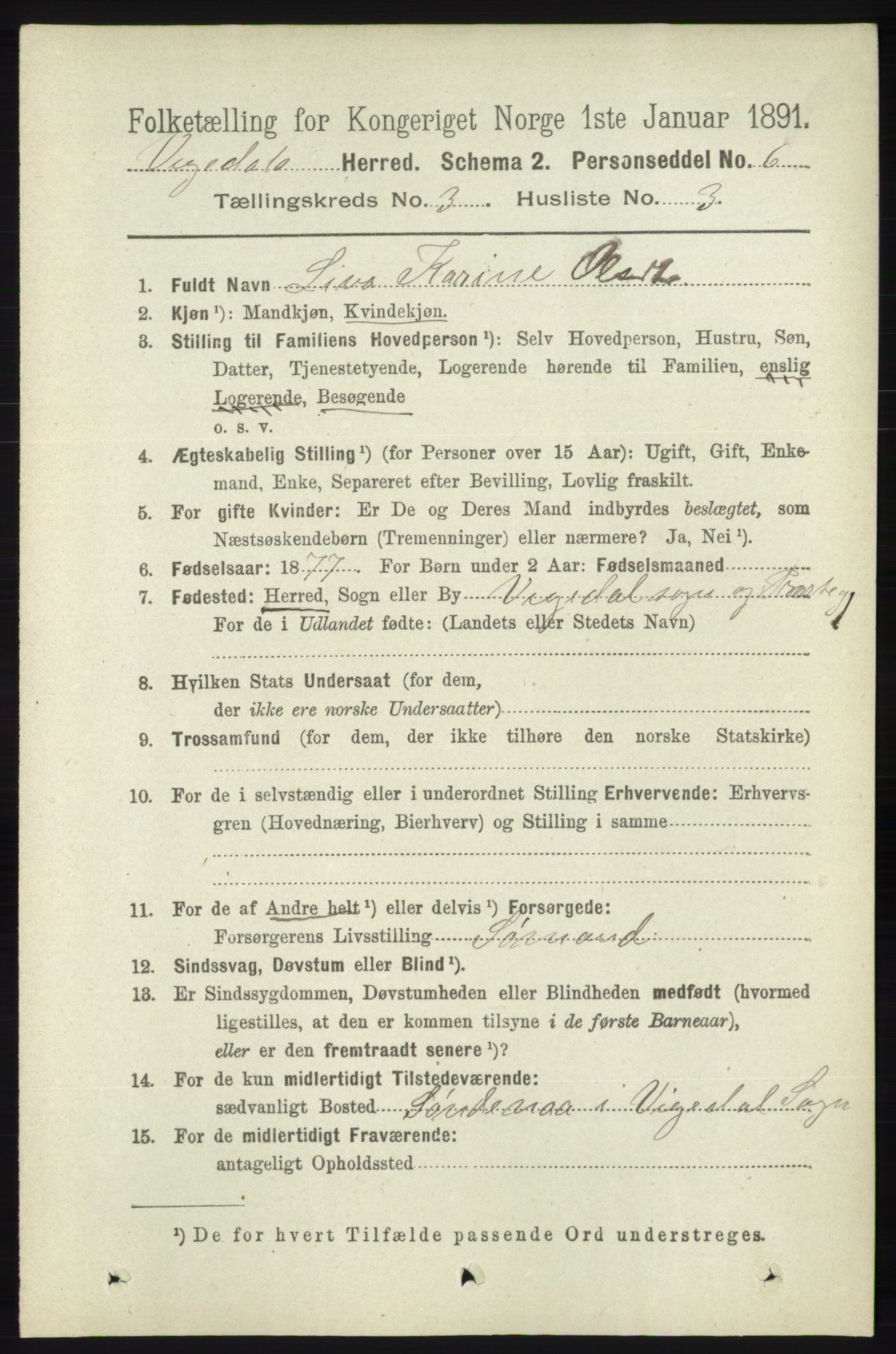 RA, 1891 census for 1157 Vikedal, 1891, p. 735