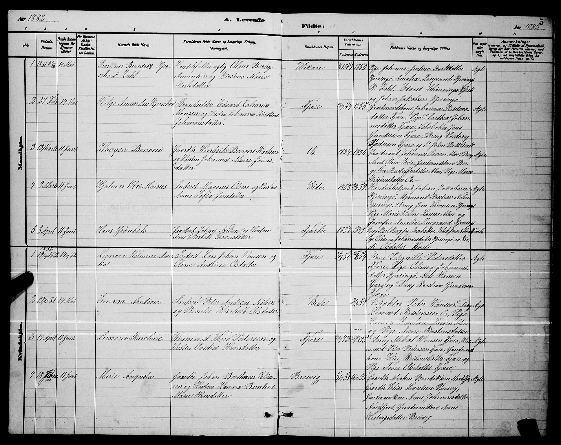 Ministerialprotokoller, klokkerbøker og fødselsregistre - Nordland, SAT/A-1459/803/L0076: Parish register (copy) no. 803C03, 1882-1897, p. 5