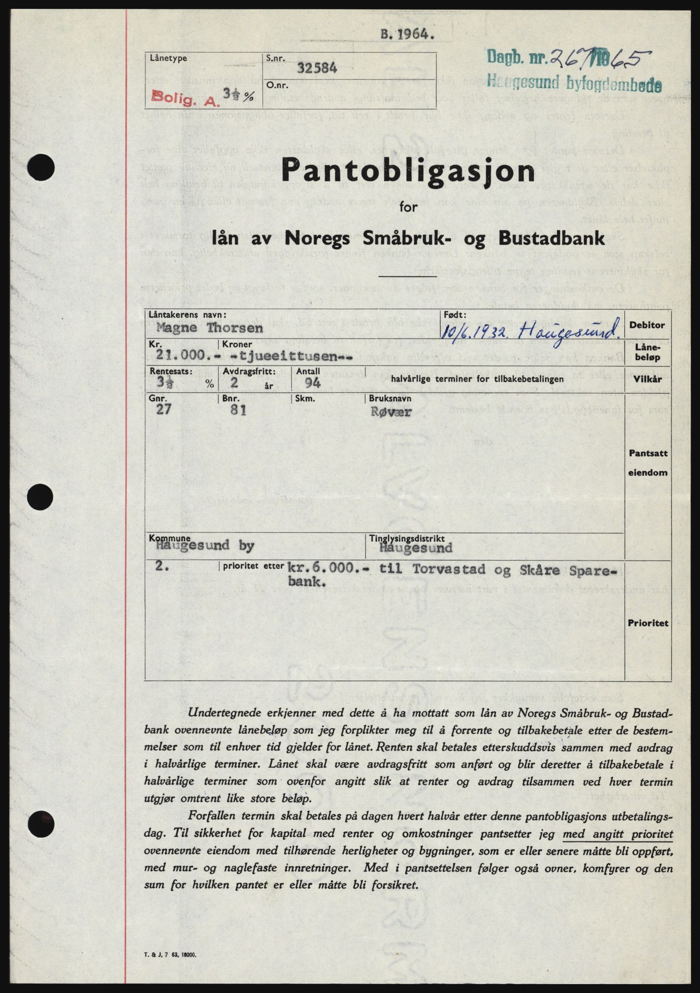 Haugesund tingrett, SAST/A-101415/01/II/IIC/L0053: Mortgage book no. B 53, 1965-1965, Diary no: : 267/1965