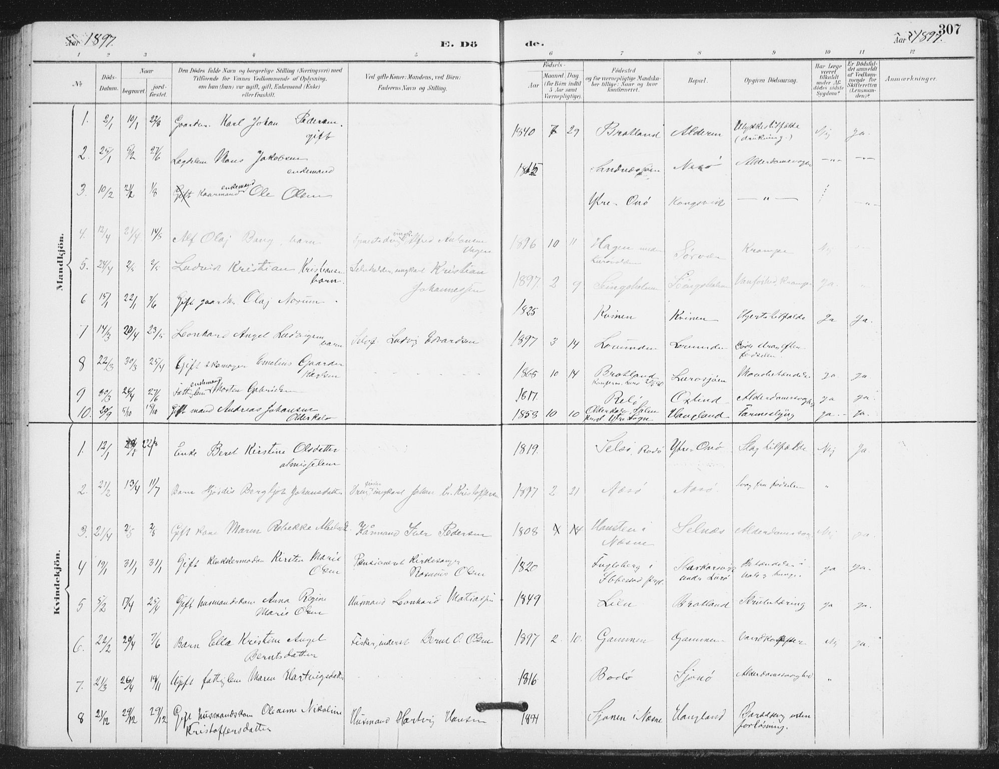 Ministerialprotokoller, klokkerbøker og fødselsregistre - Nordland, SAT/A-1459/839/L0573: Parish register (copy) no. 839C03, 1892-1917, p. 307