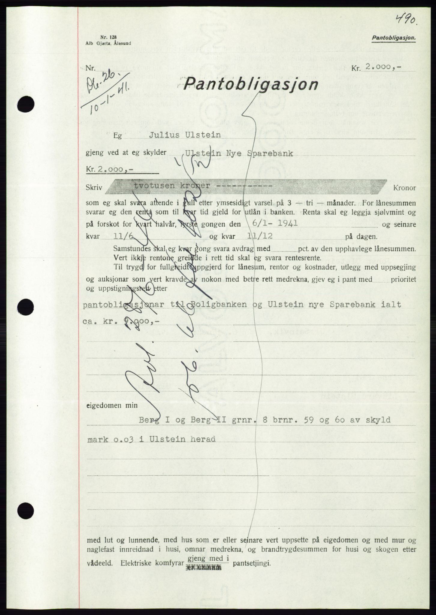 Søre Sunnmøre sorenskriveri, AV/SAT-A-4122/1/2/2C/L0070: Mortgage book no. 64, 1940-1941, Diary no: : 26/1941