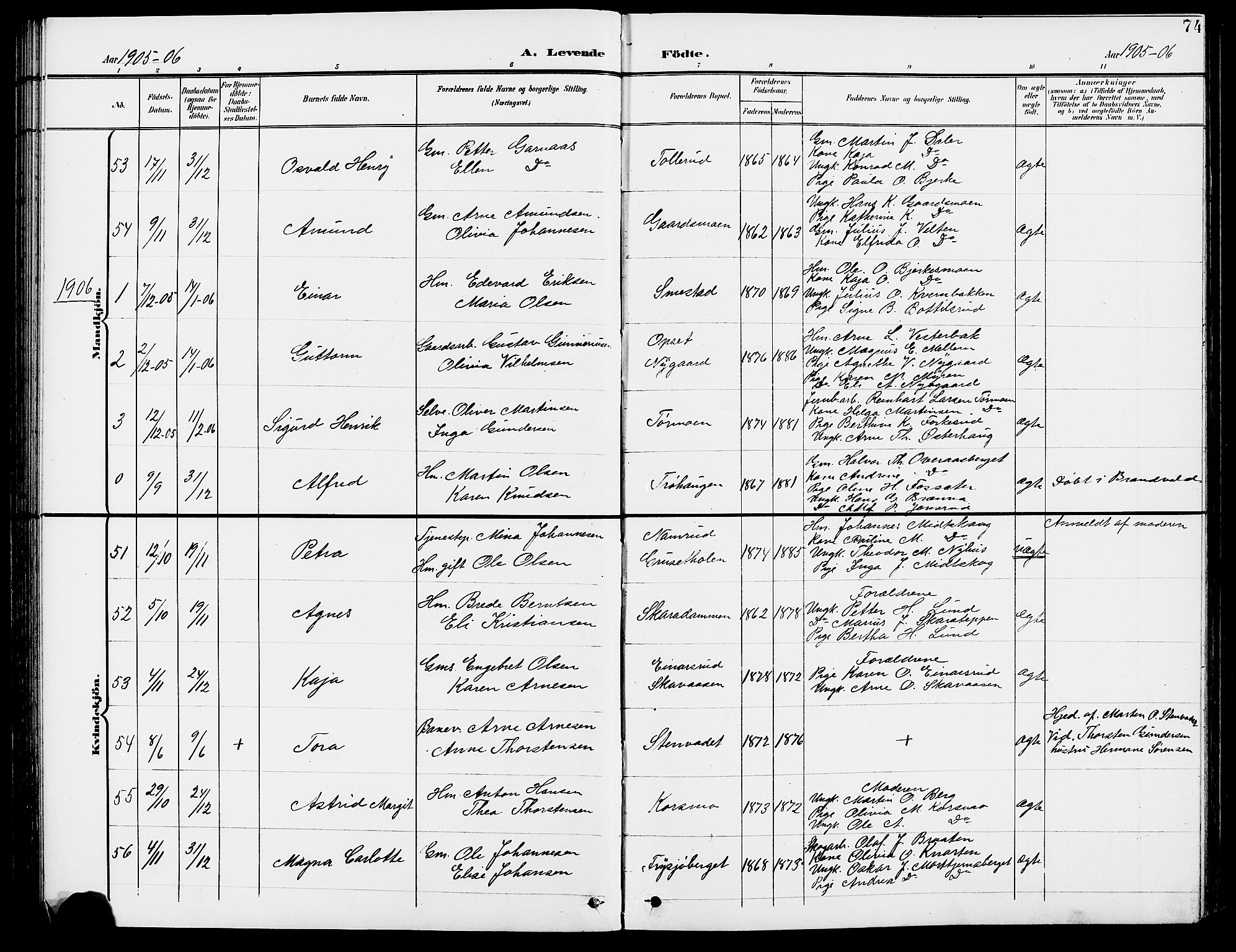 Grue prestekontor, SAH/PREST-036/H/Ha/Hab/L0005: Parish register (copy) no. 5, 1900-1909, p. 74