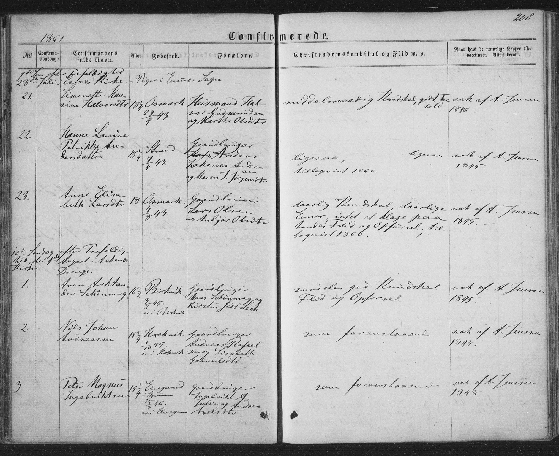 Ministerialprotokoller, klokkerbøker og fødselsregistre - Nordland, AV/SAT-A-1459/863/L0896: Parish register (official) no. 863A08, 1861-1871, p. 208