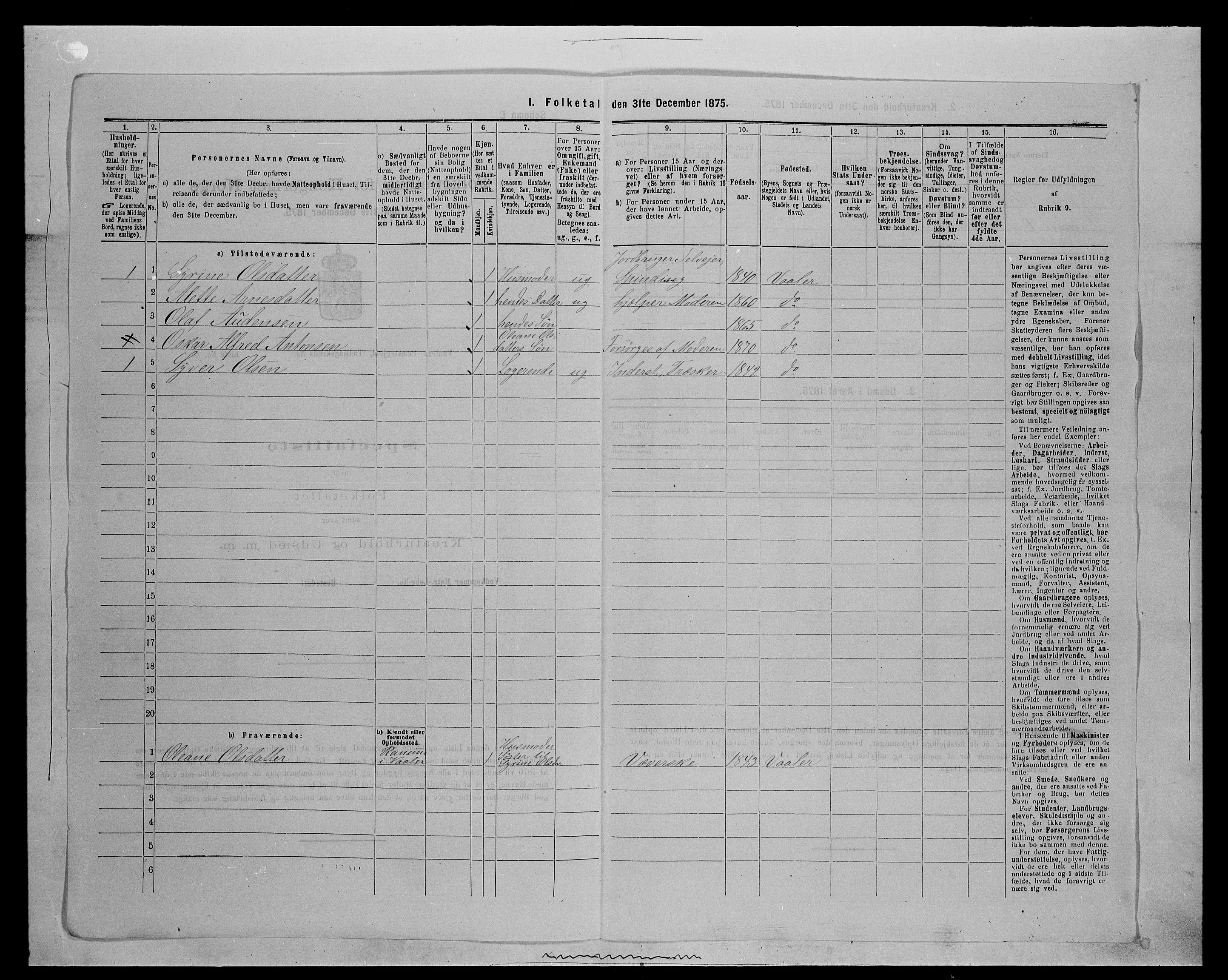 SAH, 1875 census for 0426P Våler parish (Hedmark), 1875, p. 1014