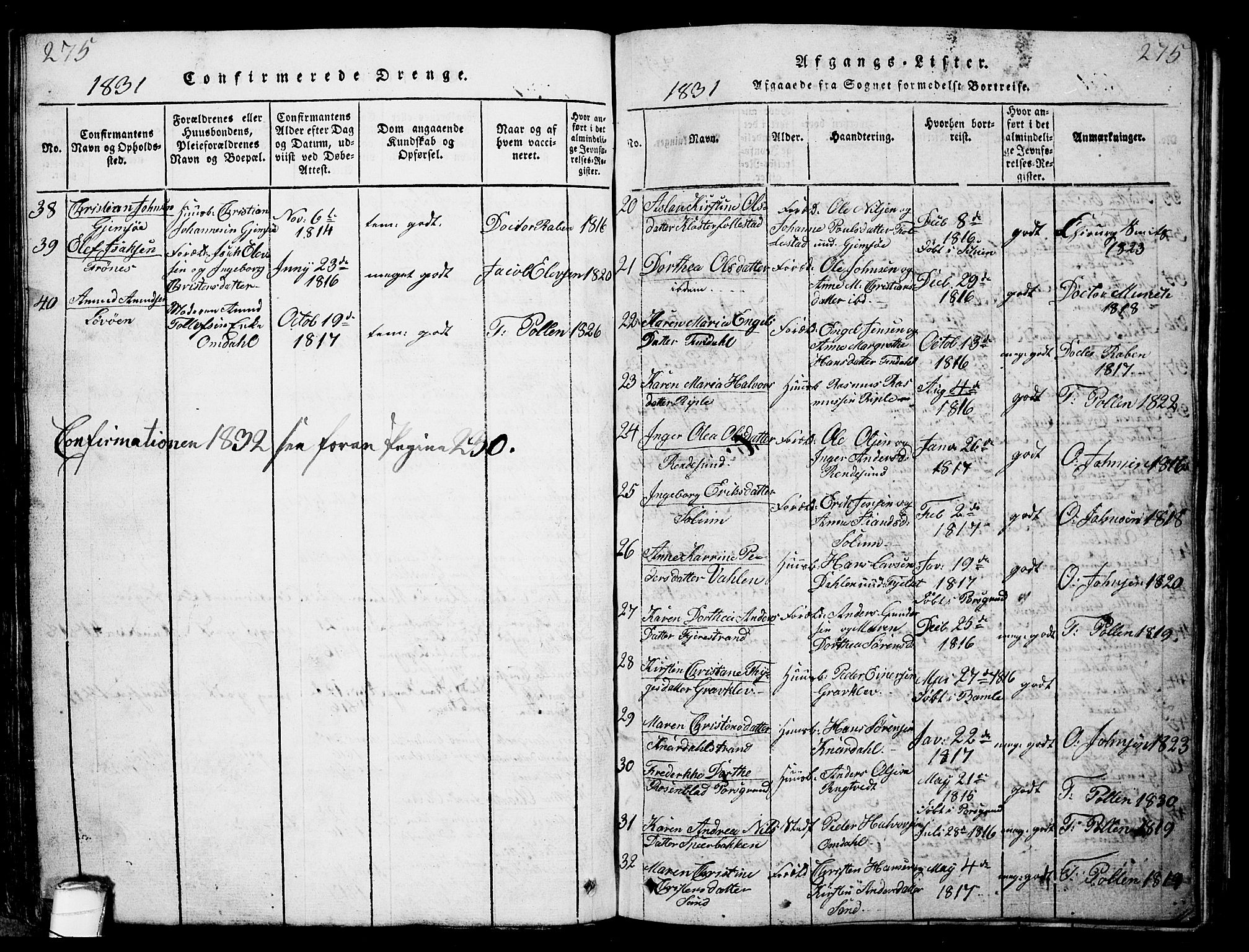 Solum kirkebøker, SAKO/A-306/G/Ga/L0001: Parish register (copy) no. I 1, 1814-1833, p. 275