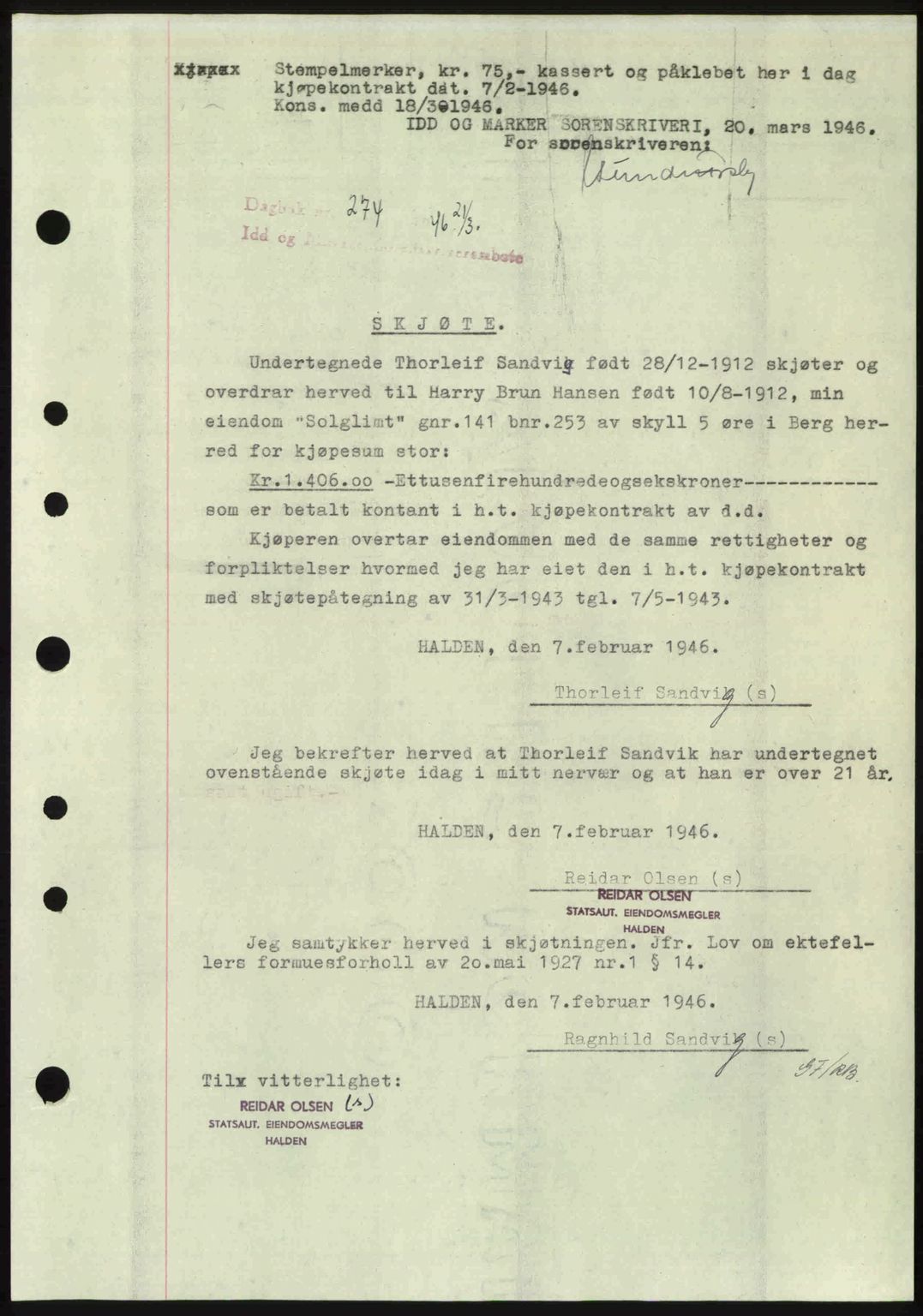 Idd og Marker sorenskriveri, AV/SAO-A-10283/G/Gb/Gbb/L0008: Mortgage book no. A8, 1946-1946, Diary no: : 274/1946