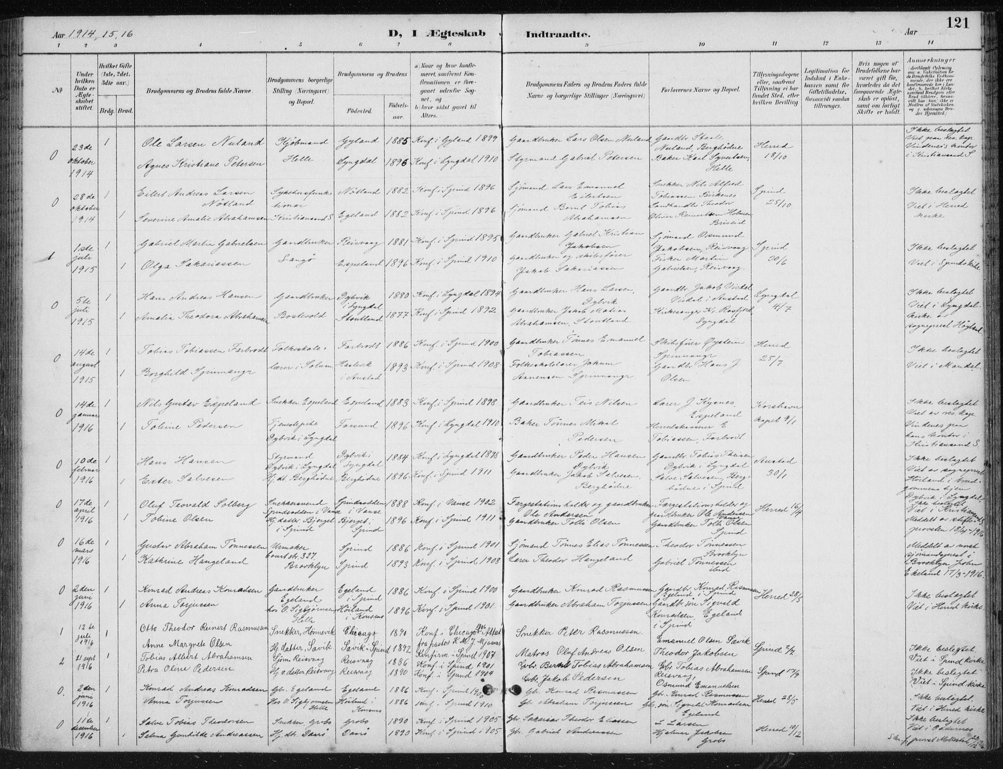 Herad sokneprestkontor, AV/SAK-1111-0018/F/Fb/Fbb/L0004: Parish register (copy) no. B 4, 1890-1935, p. 121