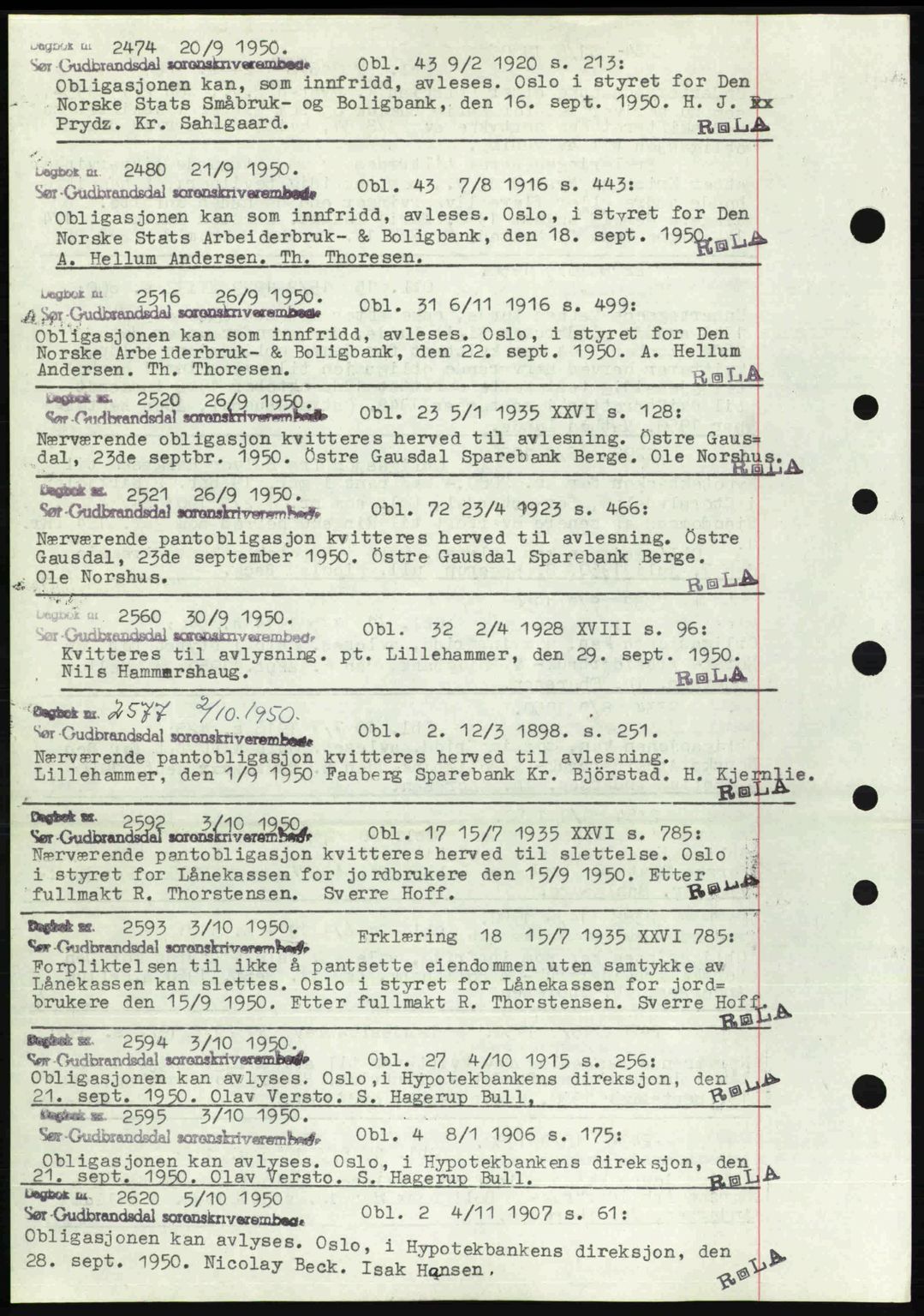 Sør-Gudbrandsdal tingrett, SAH/TING-004/H/Hb/Hbf/L0002: Mortgage book no. C1, 1938-1951, Diary no: : 2474/1950