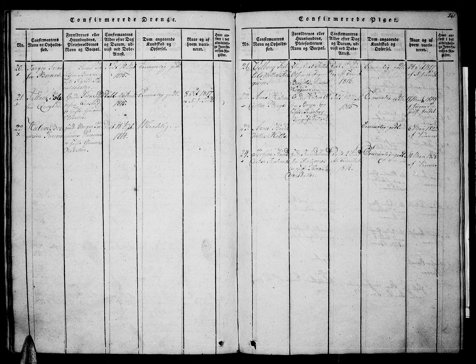 Valle sokneprestkontor, SAK/1111-0044/F/Fa/Fac/L0005: Parish register (official) no. A 5 /1, 1816-1831, p. 261