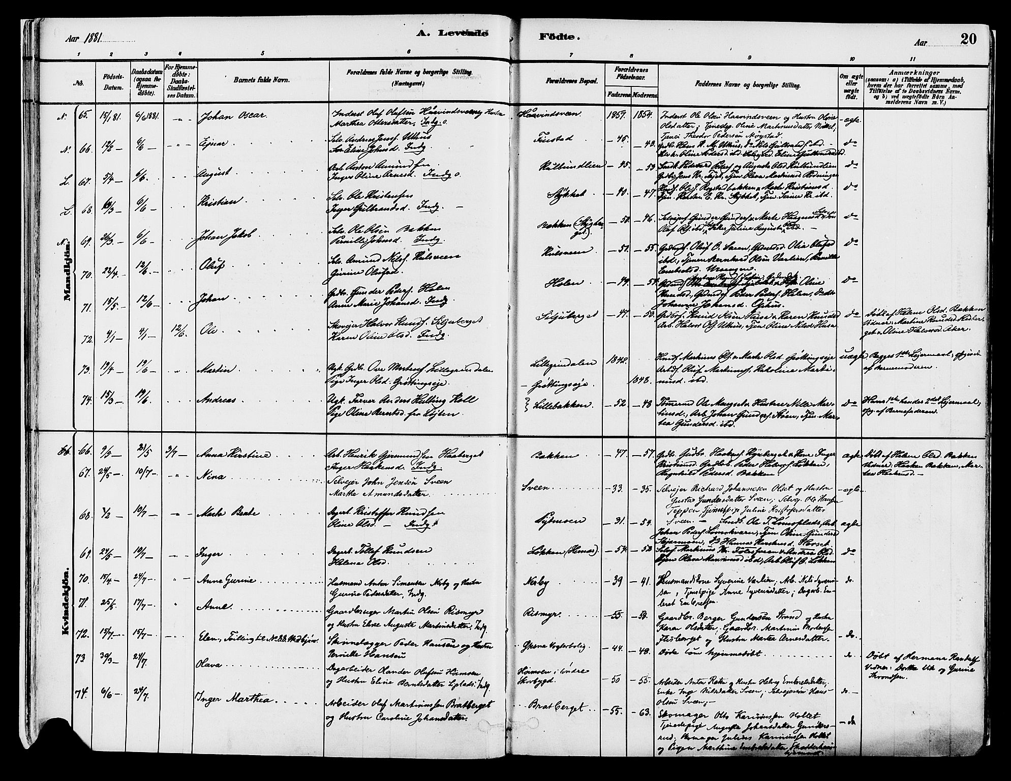 Elverum prestekontor, SAH/PREST-044/H/Ha/Haa/L0013: Parish register (official) no. 13, 1880-1890, p. 20