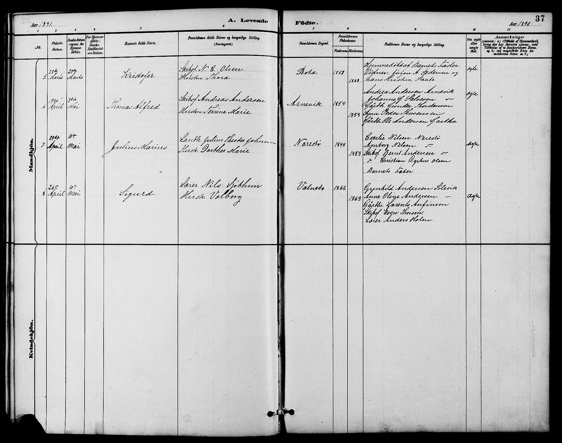 Dypvåg sokneprestkontor, AV/SAK-1111-0007/F/Fb/Fbb/L0004: Parish register (copy) no. B 4, 1887-1905, p. 37