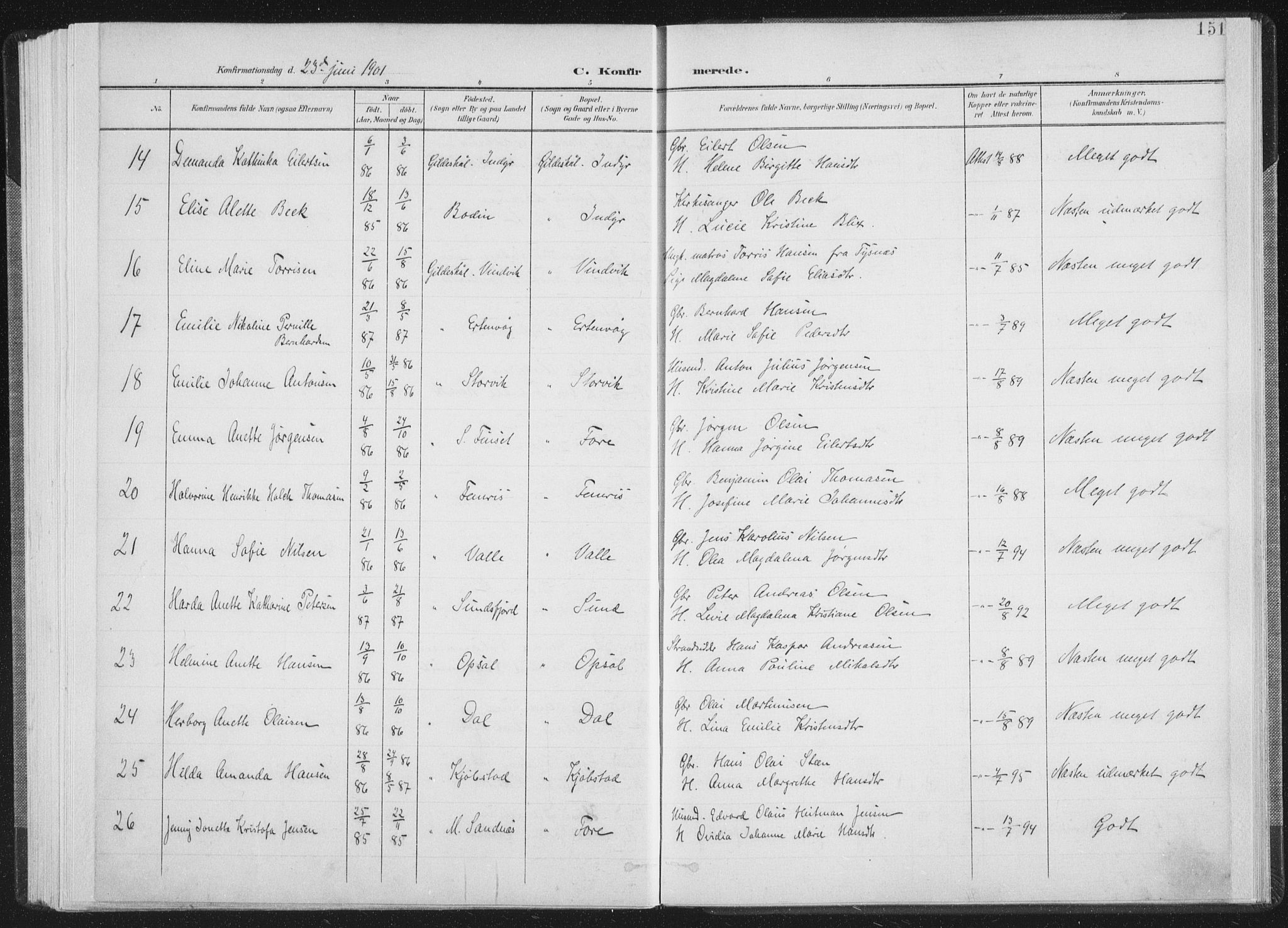 Ministerialprotokoller, klokkerbøker og fødselsregistre - Nordland, AV/SAT-A-1459/805/L0102: Parish register (official) no. 805A08I, 1900-1909, p. 151