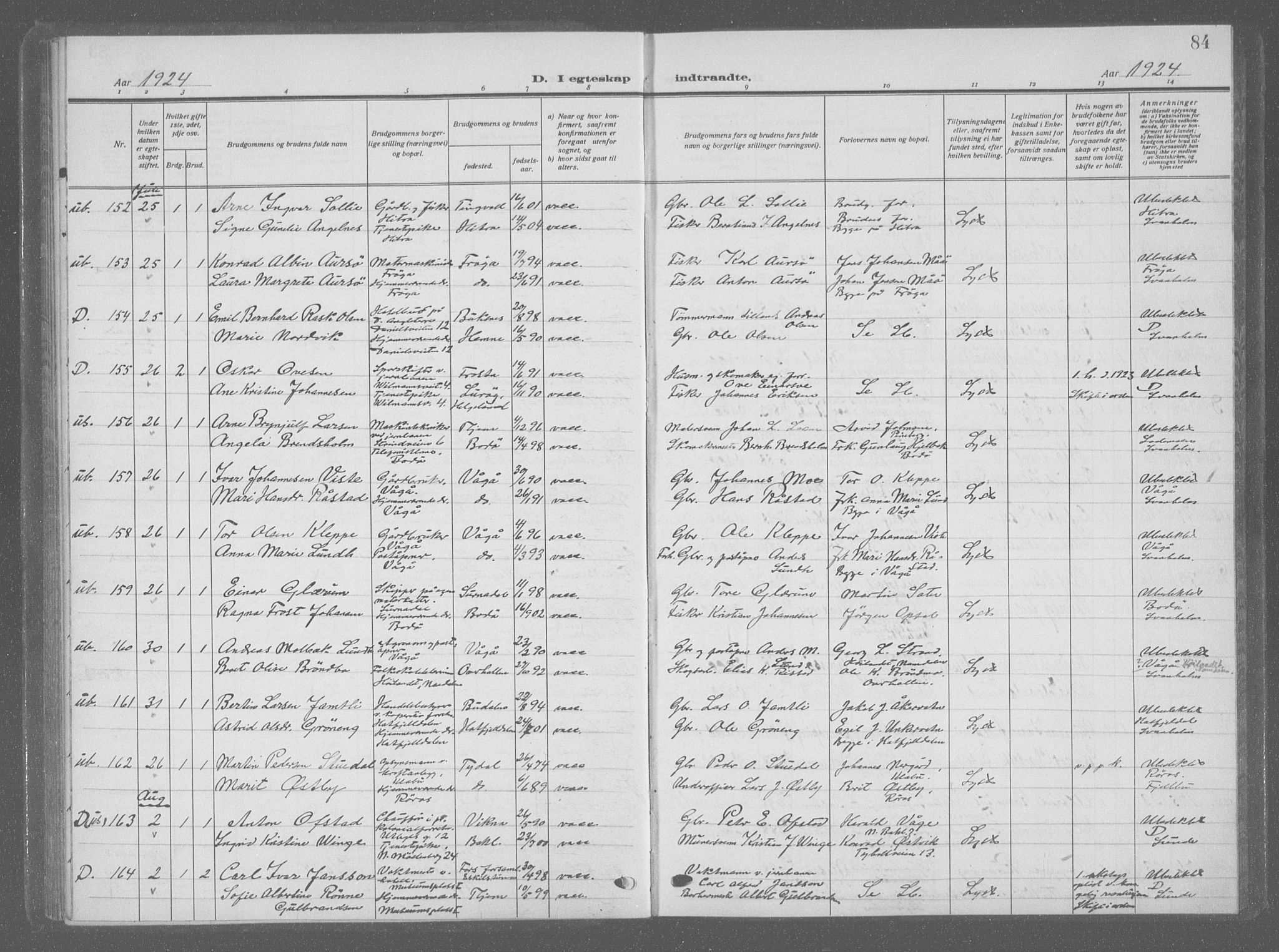 Ministerialprotokoller, klokkerbøker og fødselsregistre - Sør-Trøndelag, SAT/A-1456/601/L0098: Parish register (copy) no. 601C16, 1921-1934, p. 84