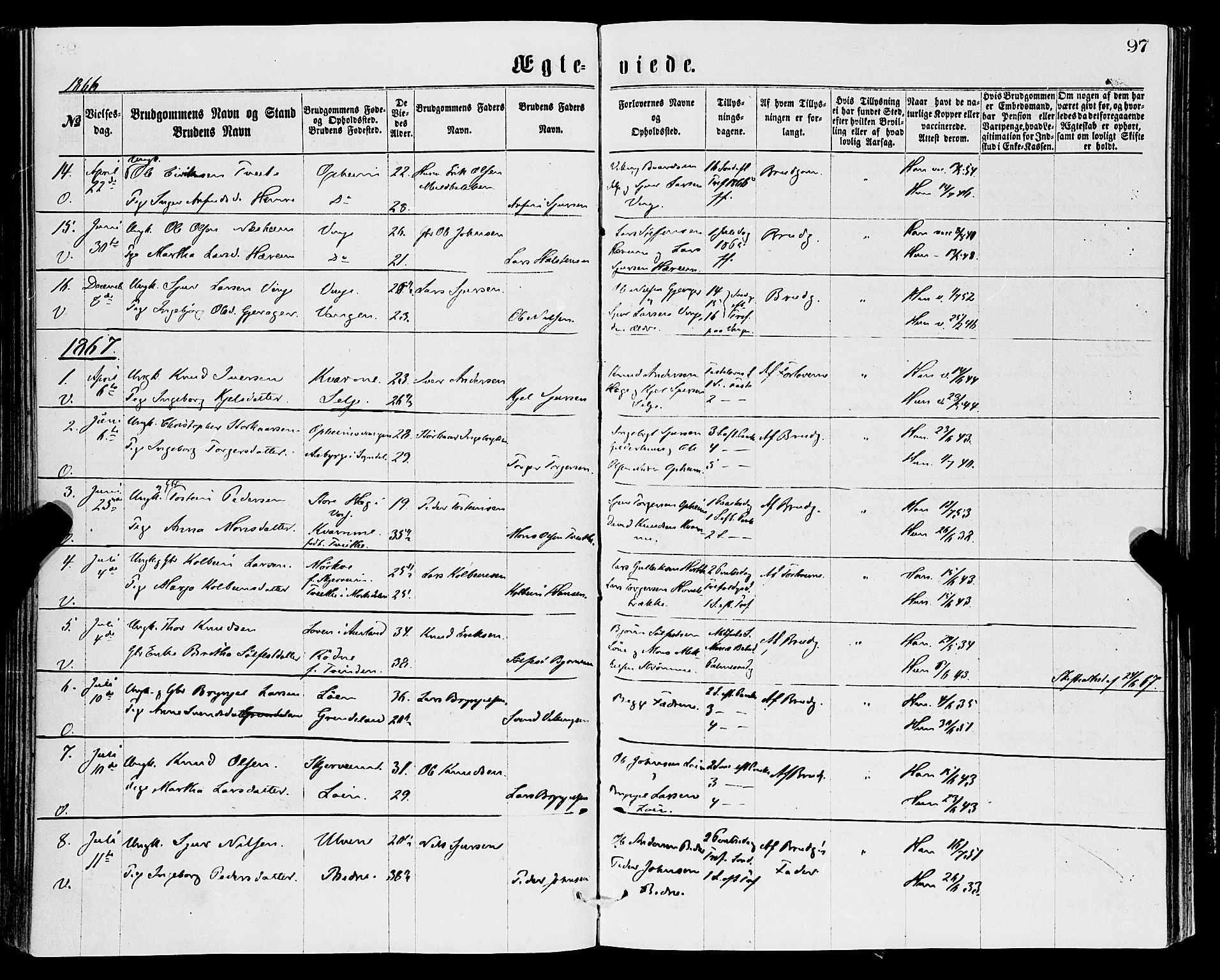 Vossestrand Sokneprestembete, AV/SAB-A-79101/H/Haa: Parish register (official) no. A 1, 1866-1877, p. 97