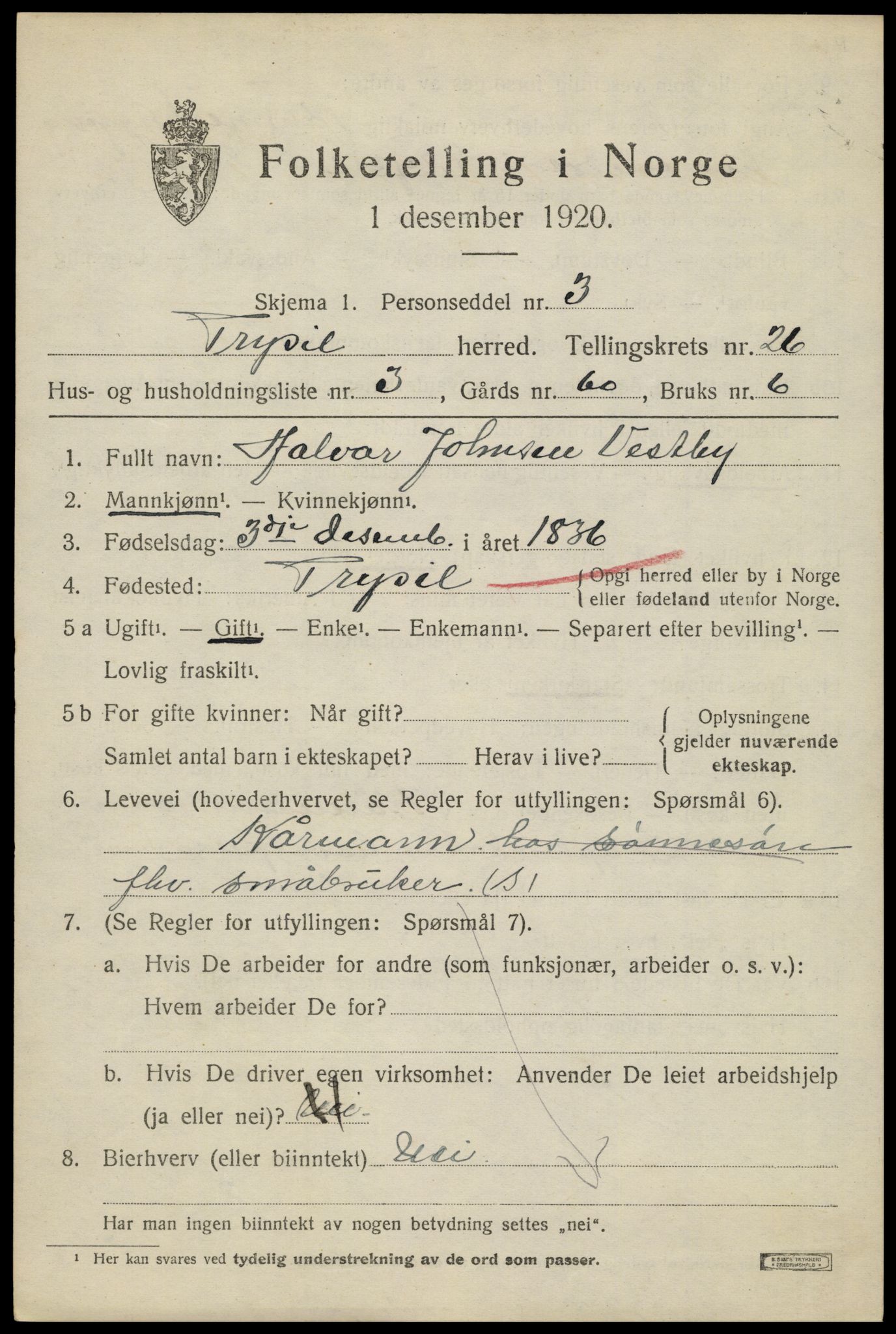 SAH, 1920 census for Trysil, 1920, p. 16147