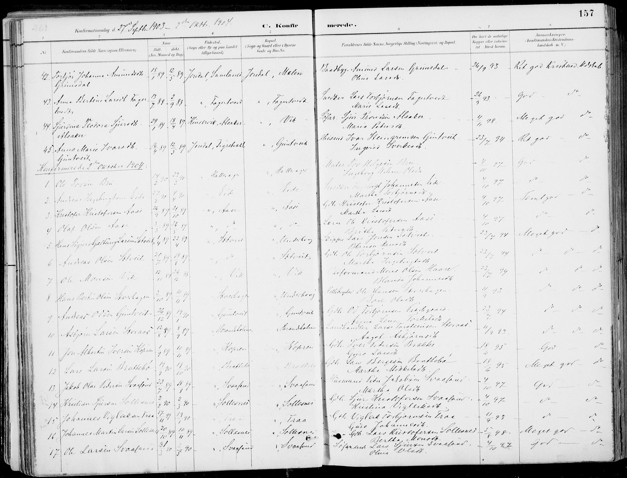 Strandebarm sokneprestembete, SAB/A-78401/H/Haa: Parish register (official) no. E  1, 1886-1908, p. 157