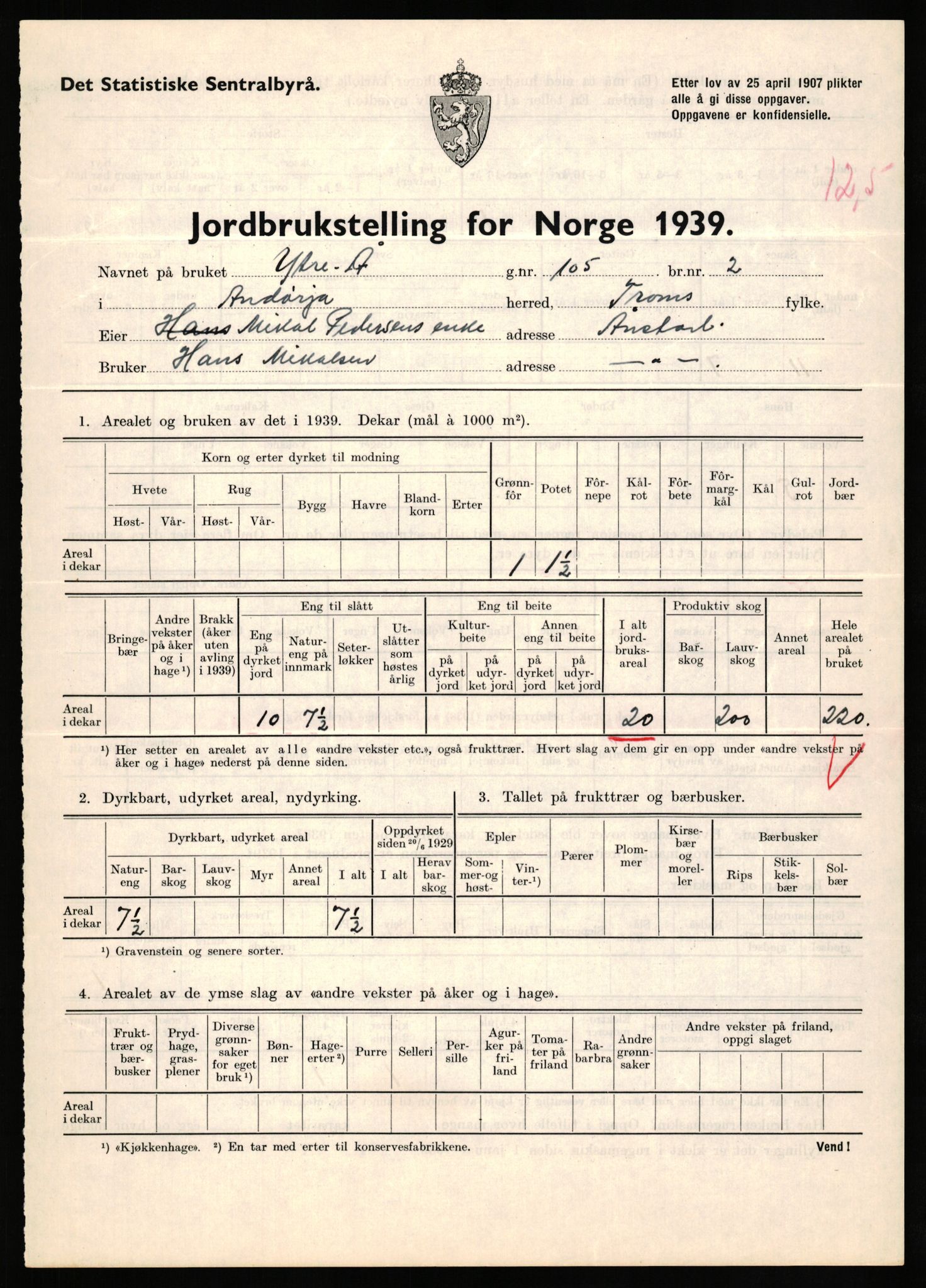 Statistisk sentralbyrå, Næringsøkonomiske emner, Jordbruk, skogbruk, jakt, fiske og fangst, AV/RA-S-2234/G/Gb/L0339: Troms: Andørja, Astafjord og Lavangen, 1939, p. 492