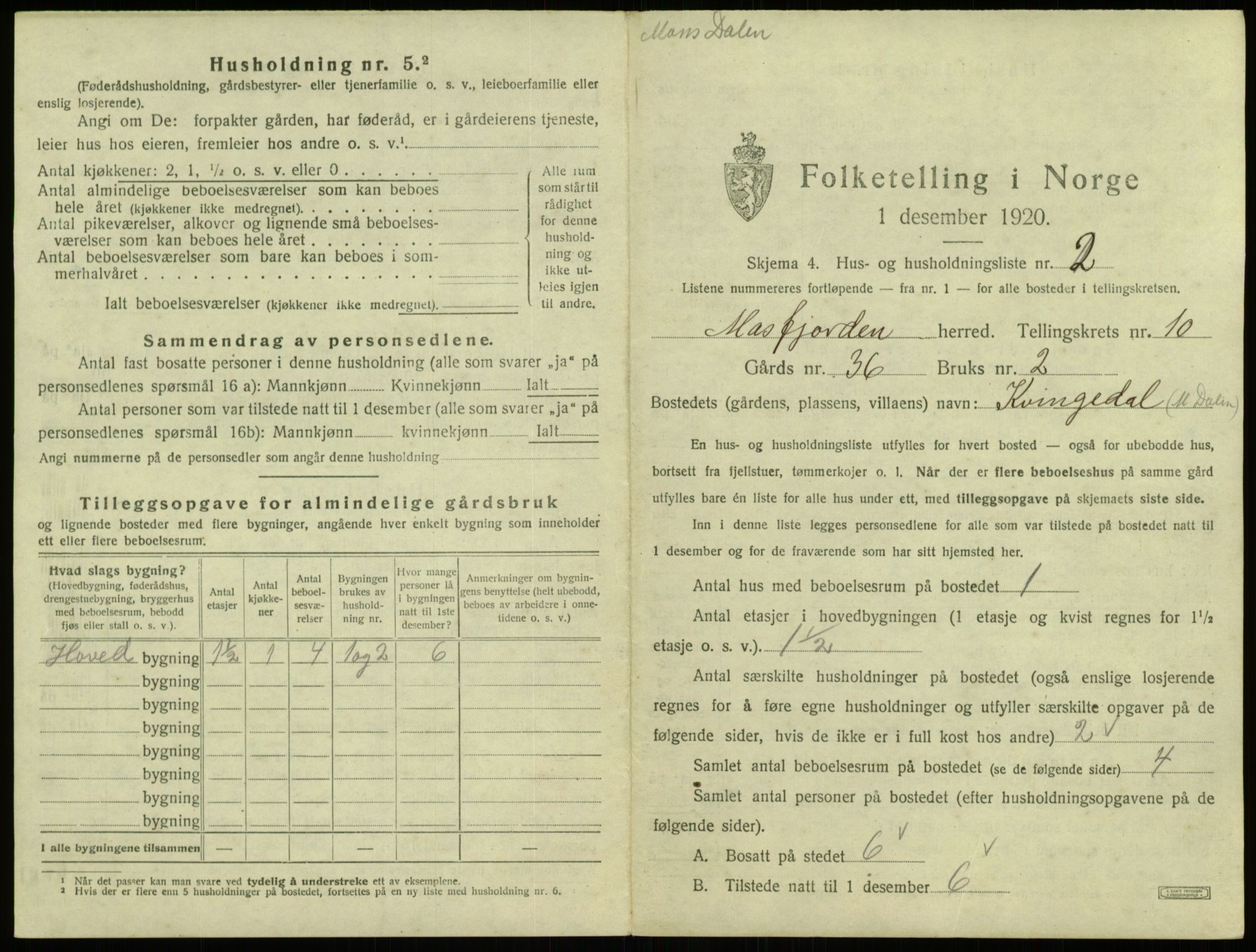 SAB, 1920 census for Masfjorden, 1920, p. 467