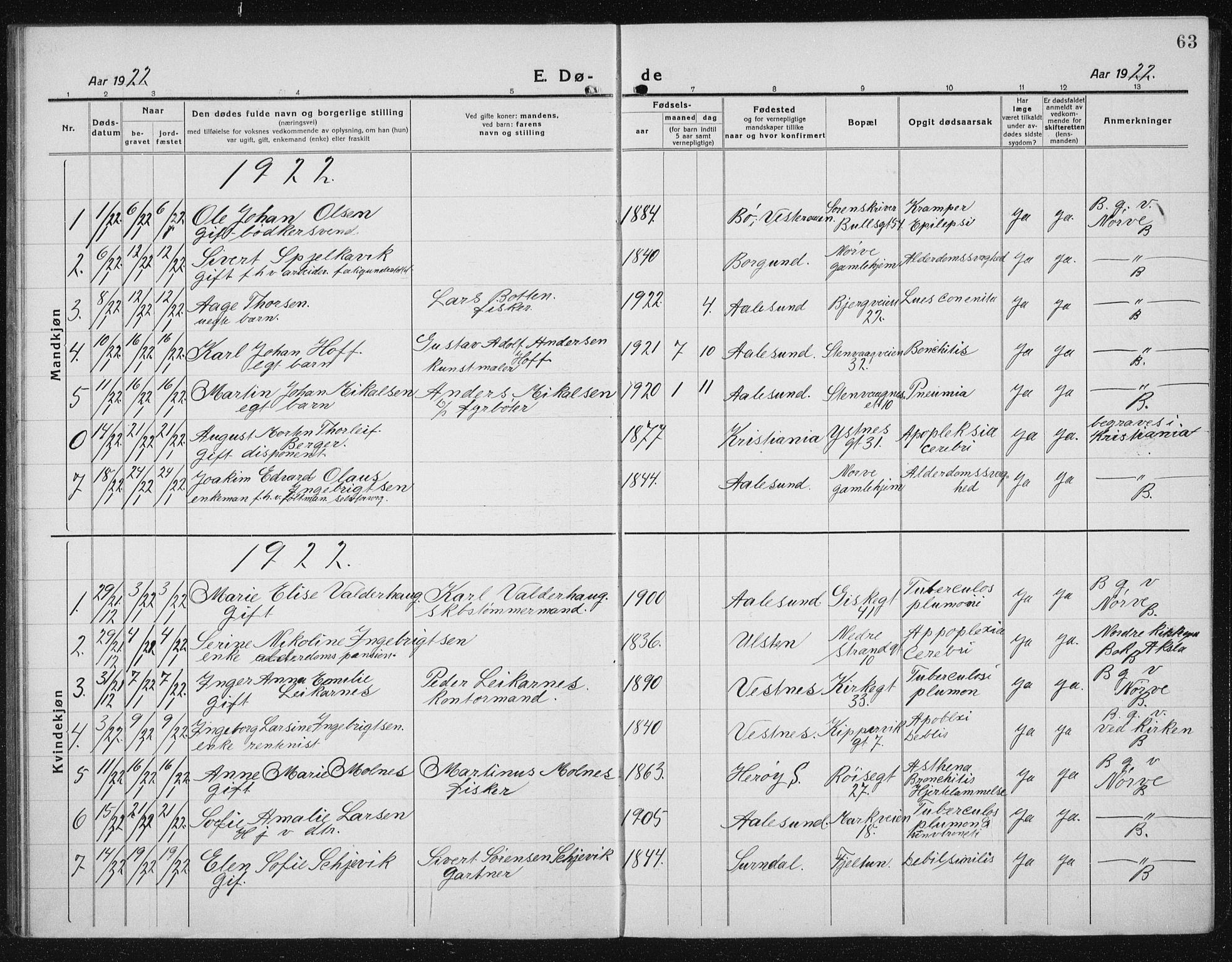 Ministerialprotokoller, klokkerbøker og fødselsregistre - Møre og Romsdal, SAT/A-1454/529/L0474: Parish register (copy) no. 529C11, 1918-1938, p. 63
