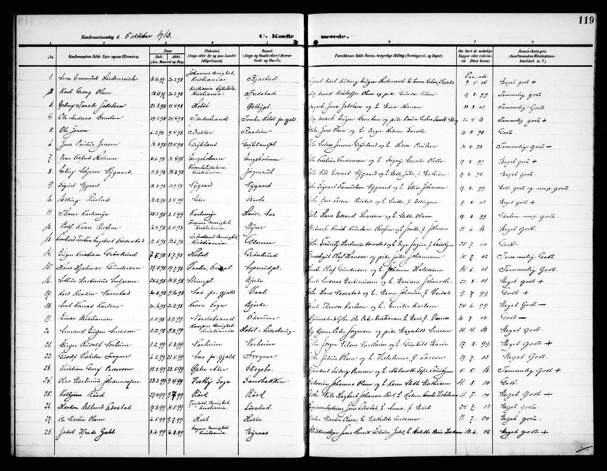 Kråkstad prestekontor Kirkebøker, SAO/A-10125a/G/Ga/L0002: Parish register (copy) no. I 2, 1905-1934, p. 119