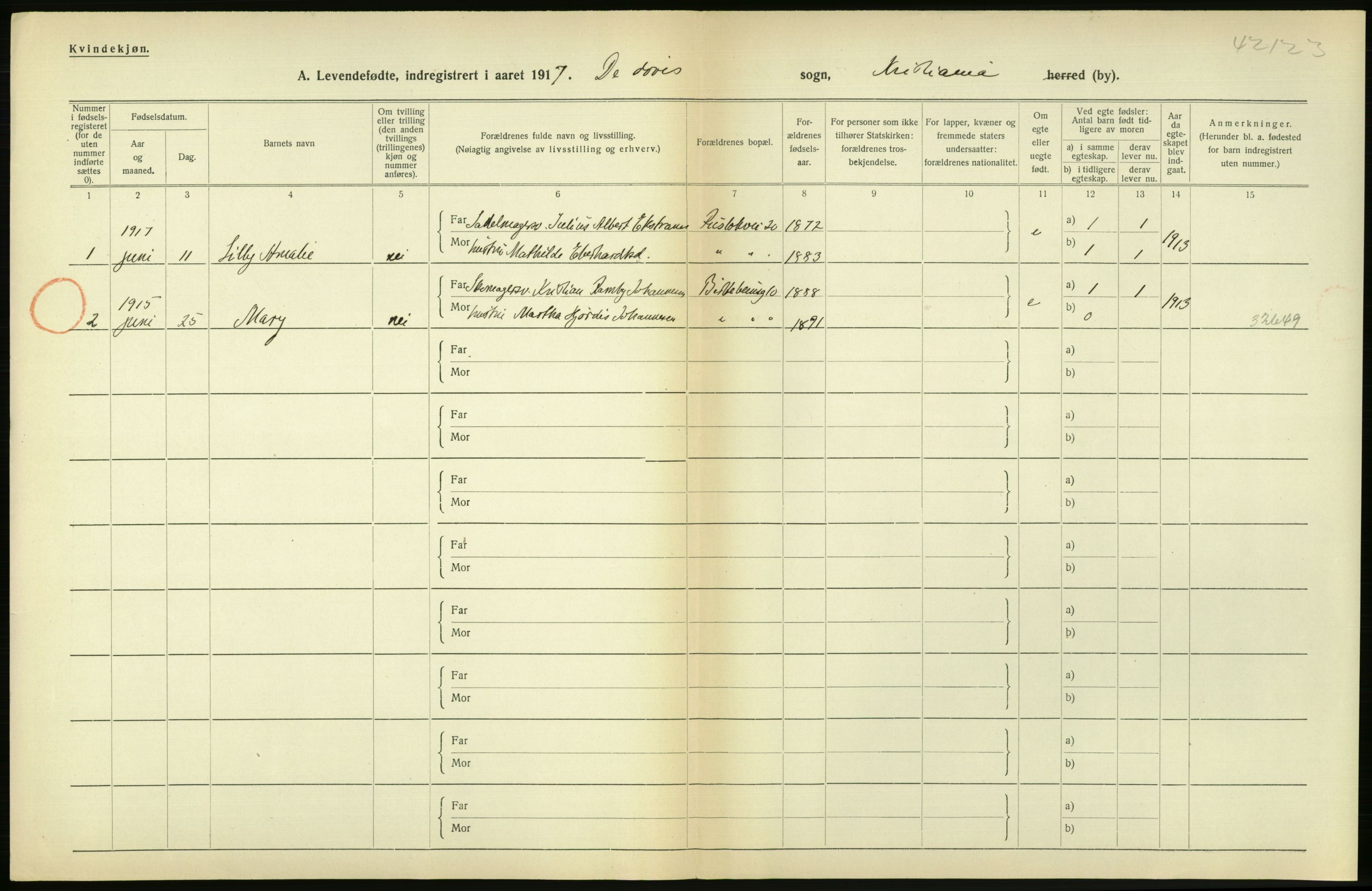 Statistisk sentralbyrå, Sosiodemografiske emner, Befolkning, RA/S-2228/D/Df/Dfb/Dfbg/L0006: Kristiania: Levendefødte menn og kvinner., 1917, p. 130