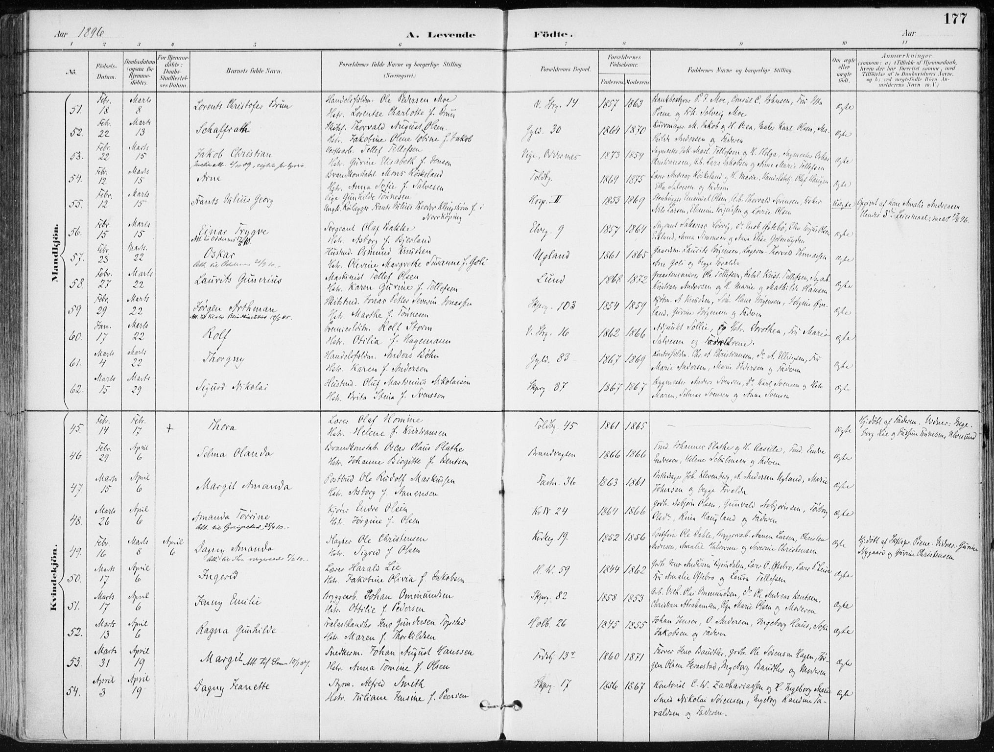 Kristiansand domprosti, AV/SAK-1112-0006/F/Fa/L0019: Parish register (official) no. A 18, 1890-1897, p. 177