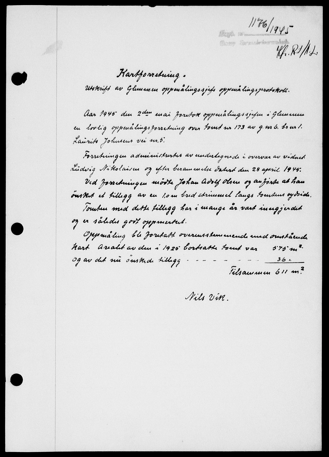 Onsøy sorenskriveri, SAO/A-10474/G/Ga/Gab/L0014: Mortgage book no. II A-14, 1944-1945, Diary no: : 1176/1945