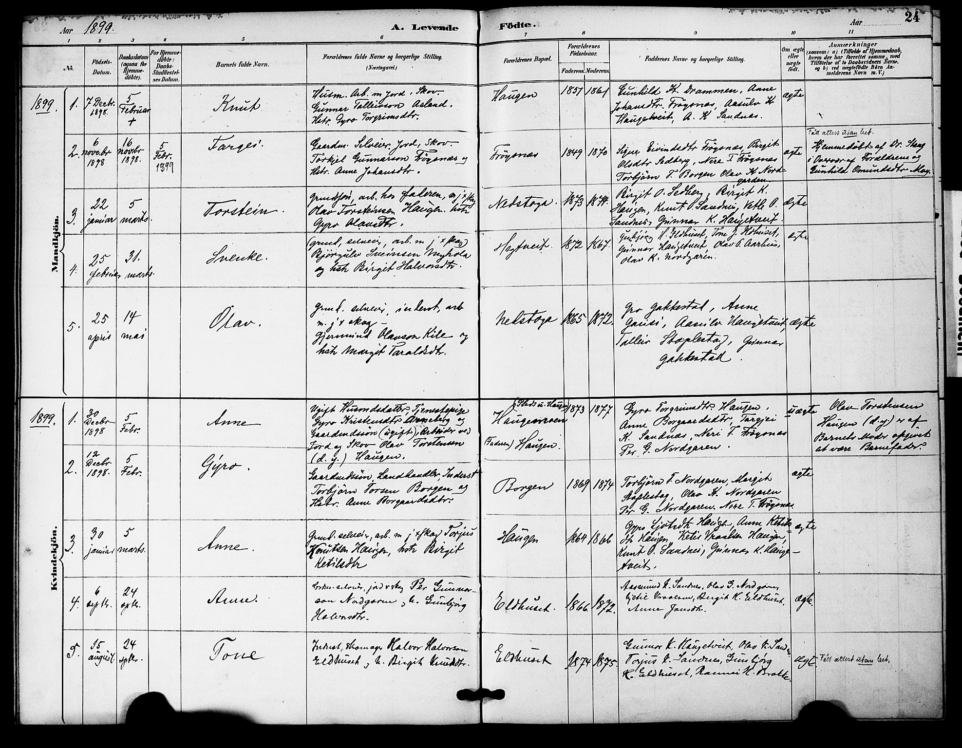 Bygland sokneprestkontor, AV/SAK-1111-0006/F/Fa/Fac/L0001: Parish register (official) no. A 1, 1885-1909, p. 24