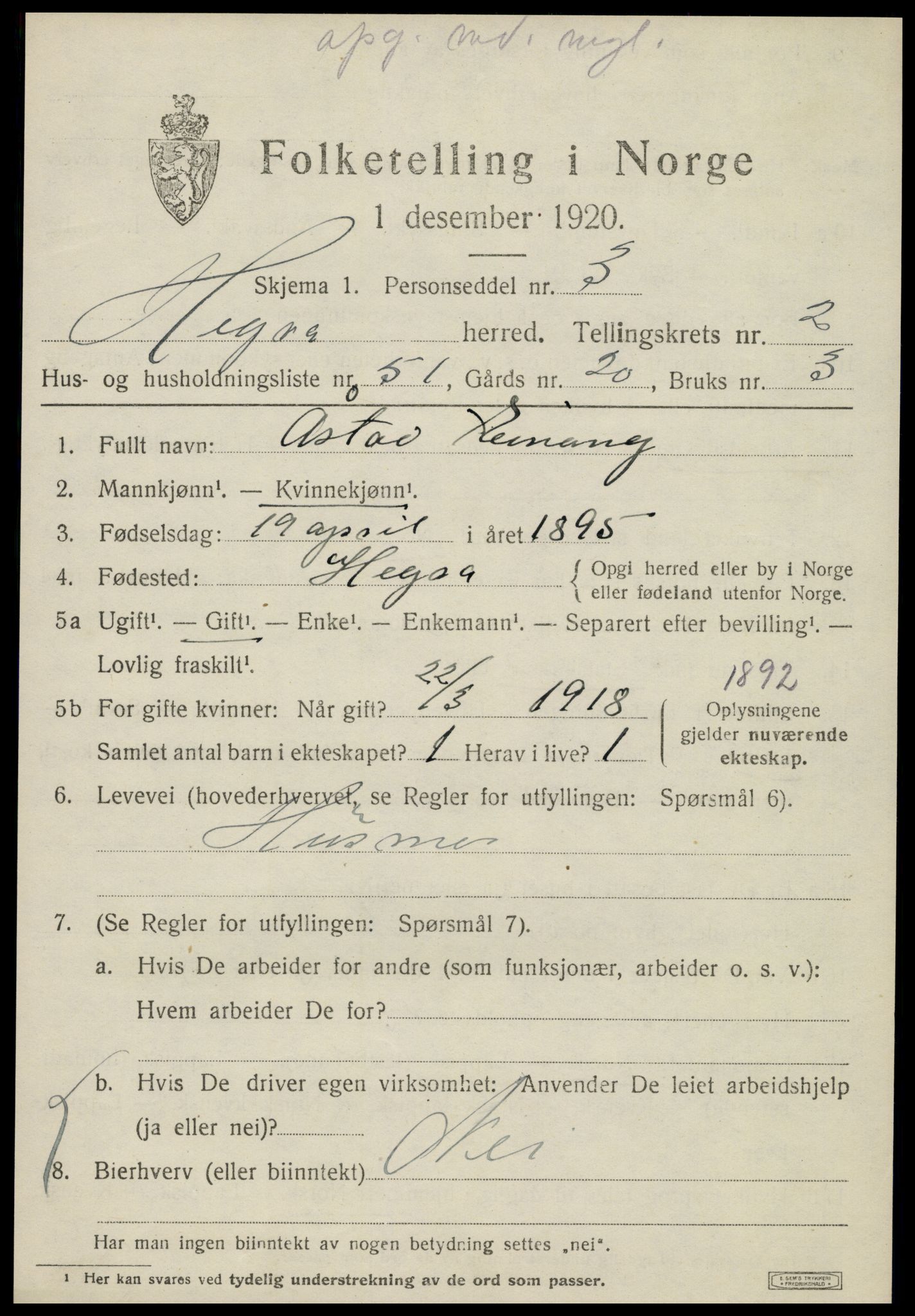 SAT, 1920 census for Hegra, 1920, p. 2160