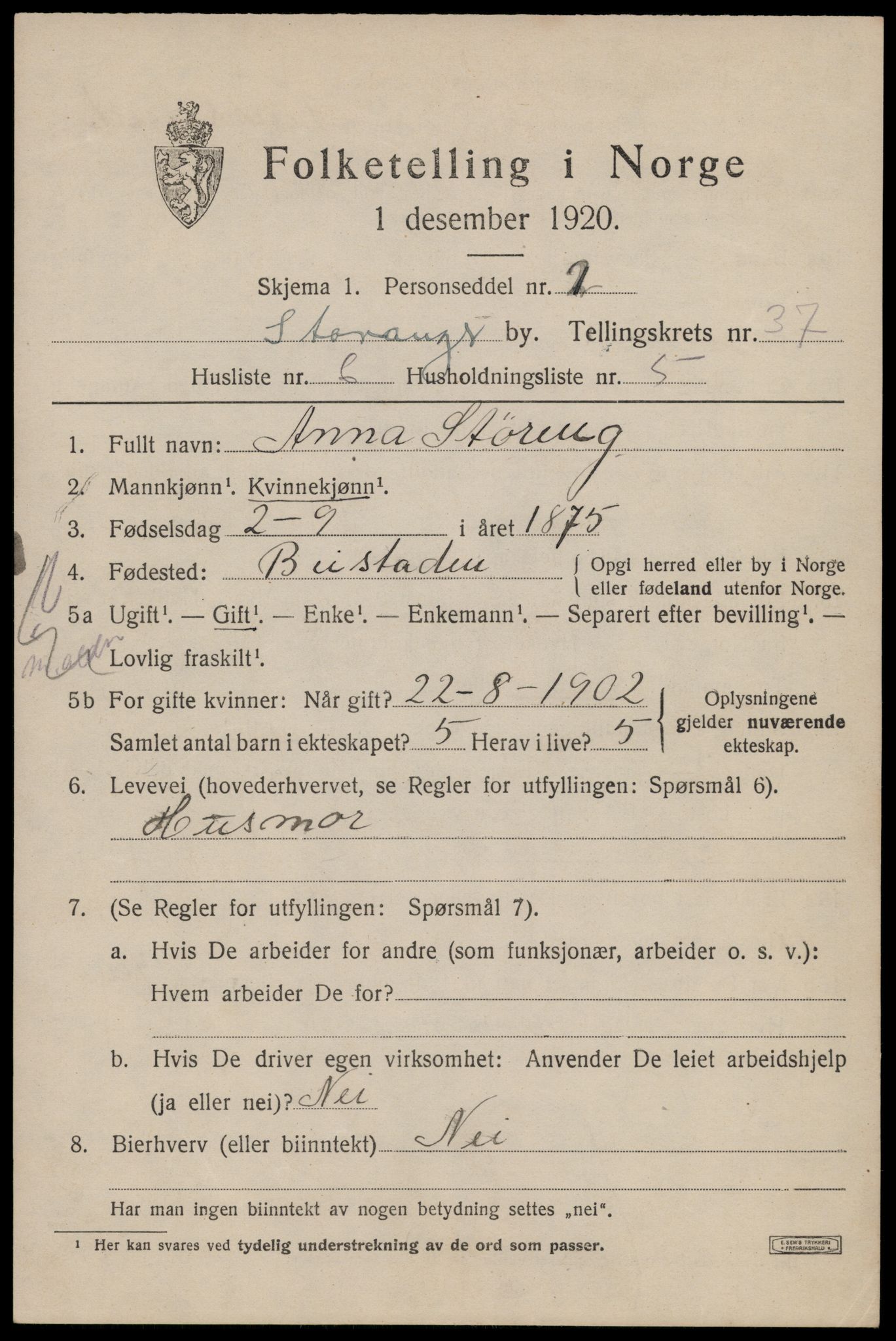 SAST, 1920 census for Stavanger, 1920, p. 97368