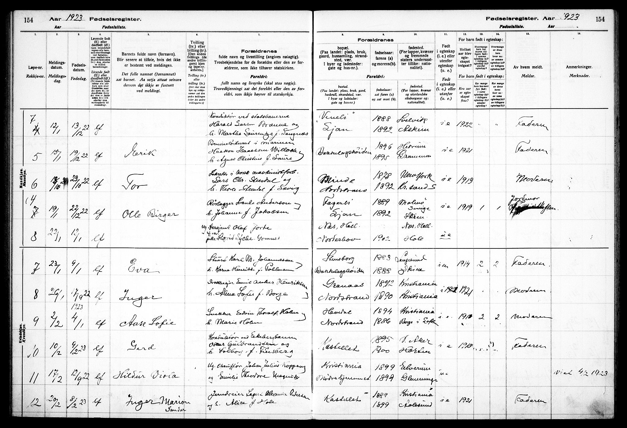 Nordstrand prestekontor Kirkebøker, AV/SAO-A-10362a/J/Ja/L0001: Birth register no. I 1, 1916-1924, p. 154