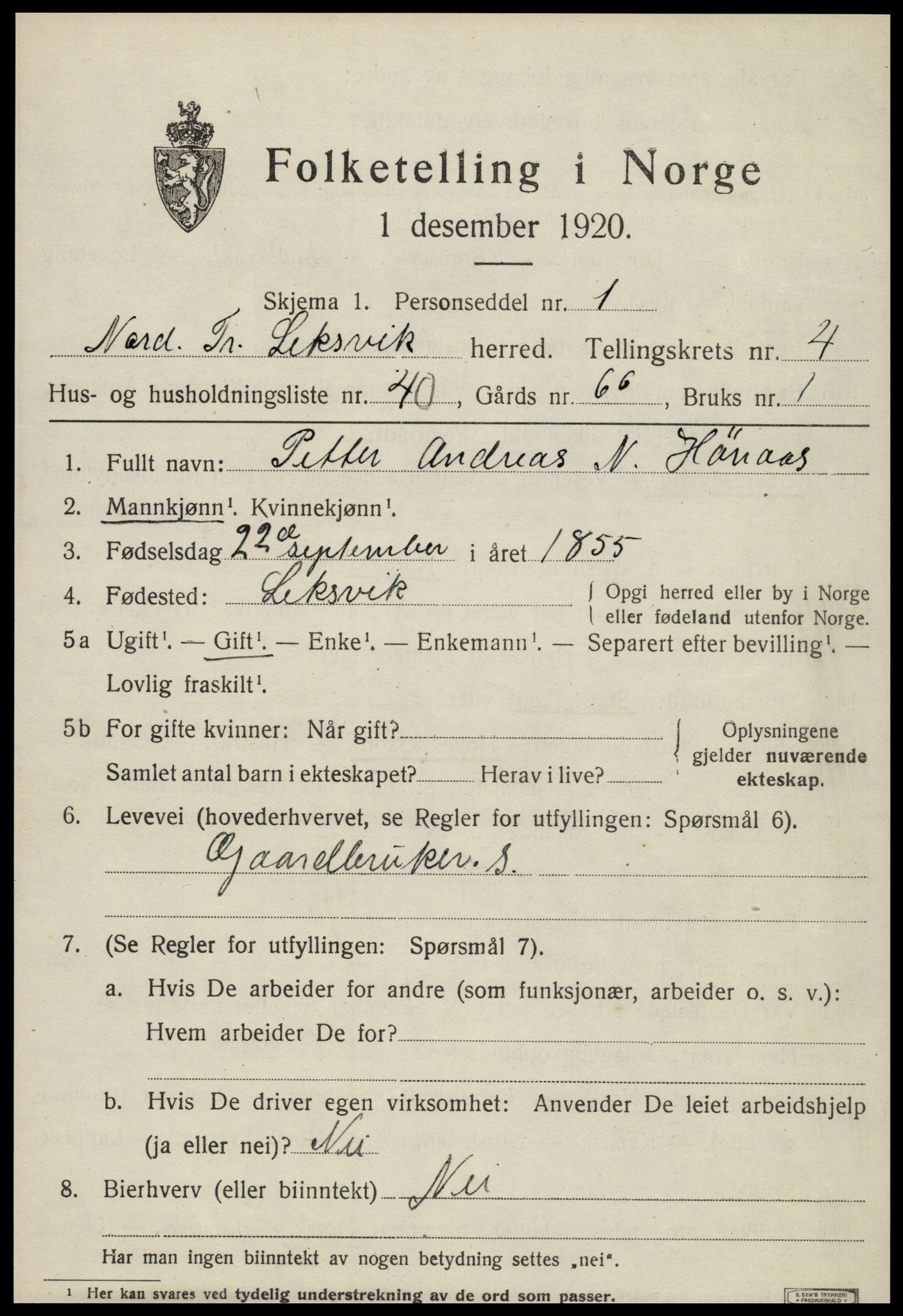 SAT, 1920 census for Leksvik, 1920, p. 4008