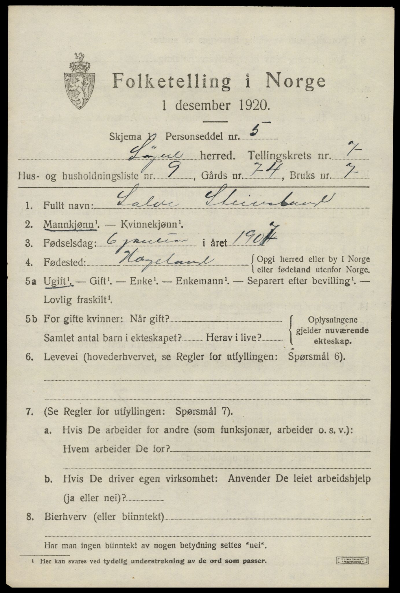 SAK, 1920 census for Søgne, 1920, p. 3565