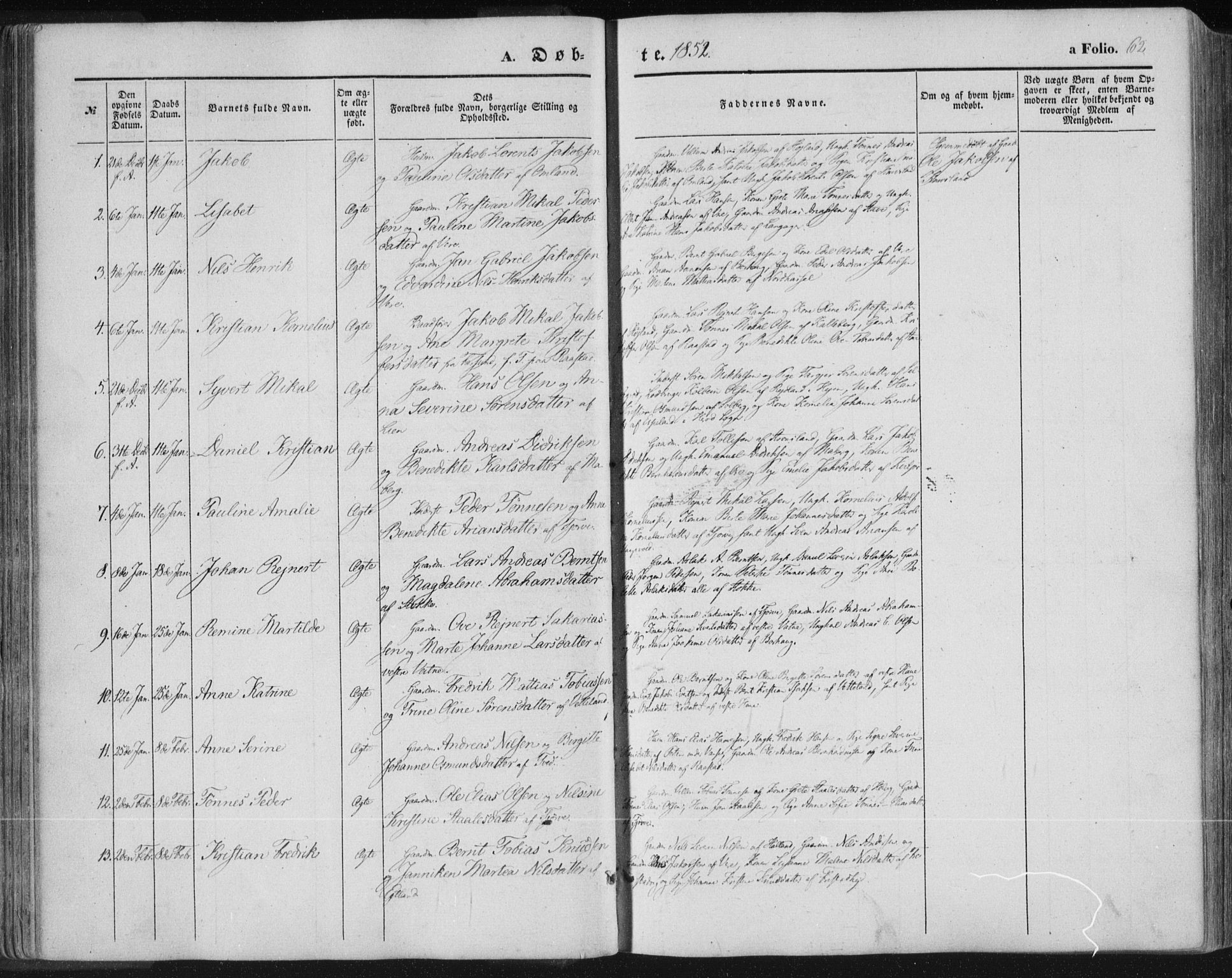 Lista sokneprestkontor, SAK/1111-0027/F/Fa/L0010: Parish register (official) no. A 10, 1846-1861, p. 62