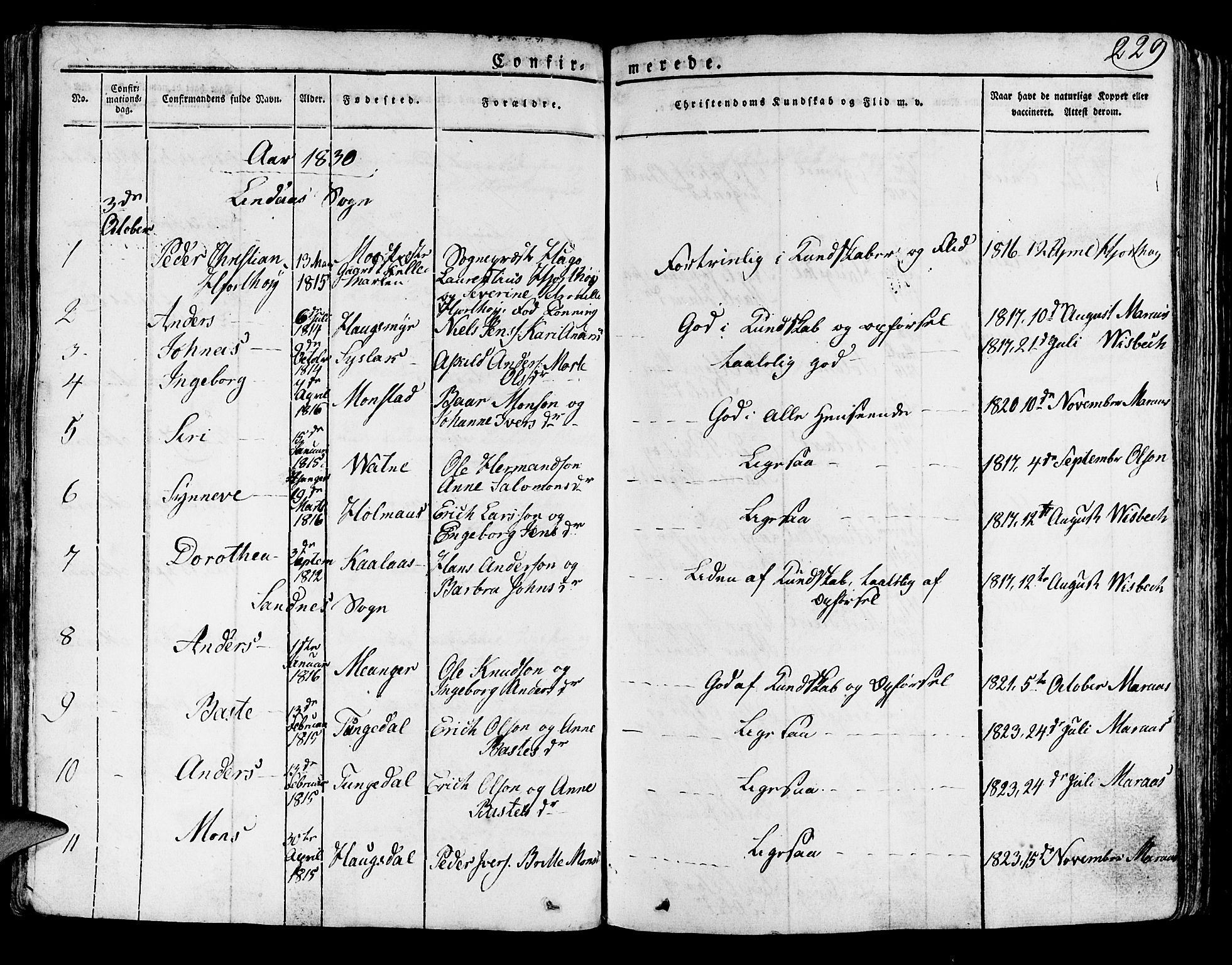 Lindås Sokneprestembete, SAB/A-76701/H/Haa: Parish register (official) no. A 8, 1823-1836, p. 229