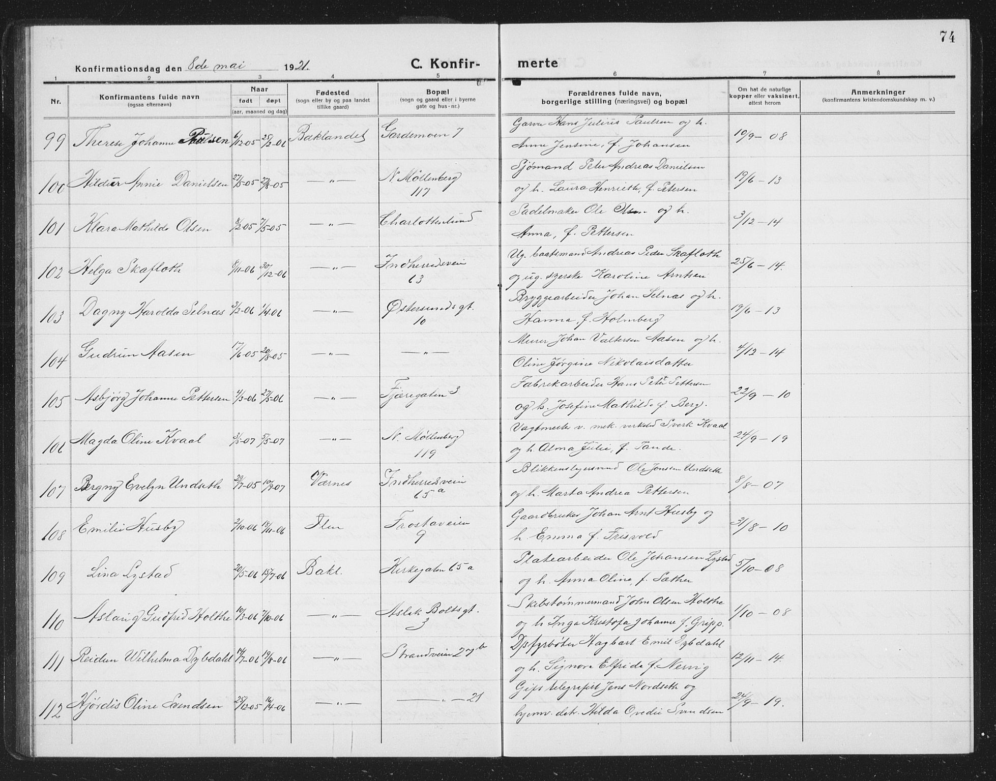 Ministerialprotokoller, klokkerbøker og fødselsregistre - Sør-Trøndelag, AV/SAT-A-1456/605/L0258: Parish register (copy) no. 605C05, 1918-1930, p. 74