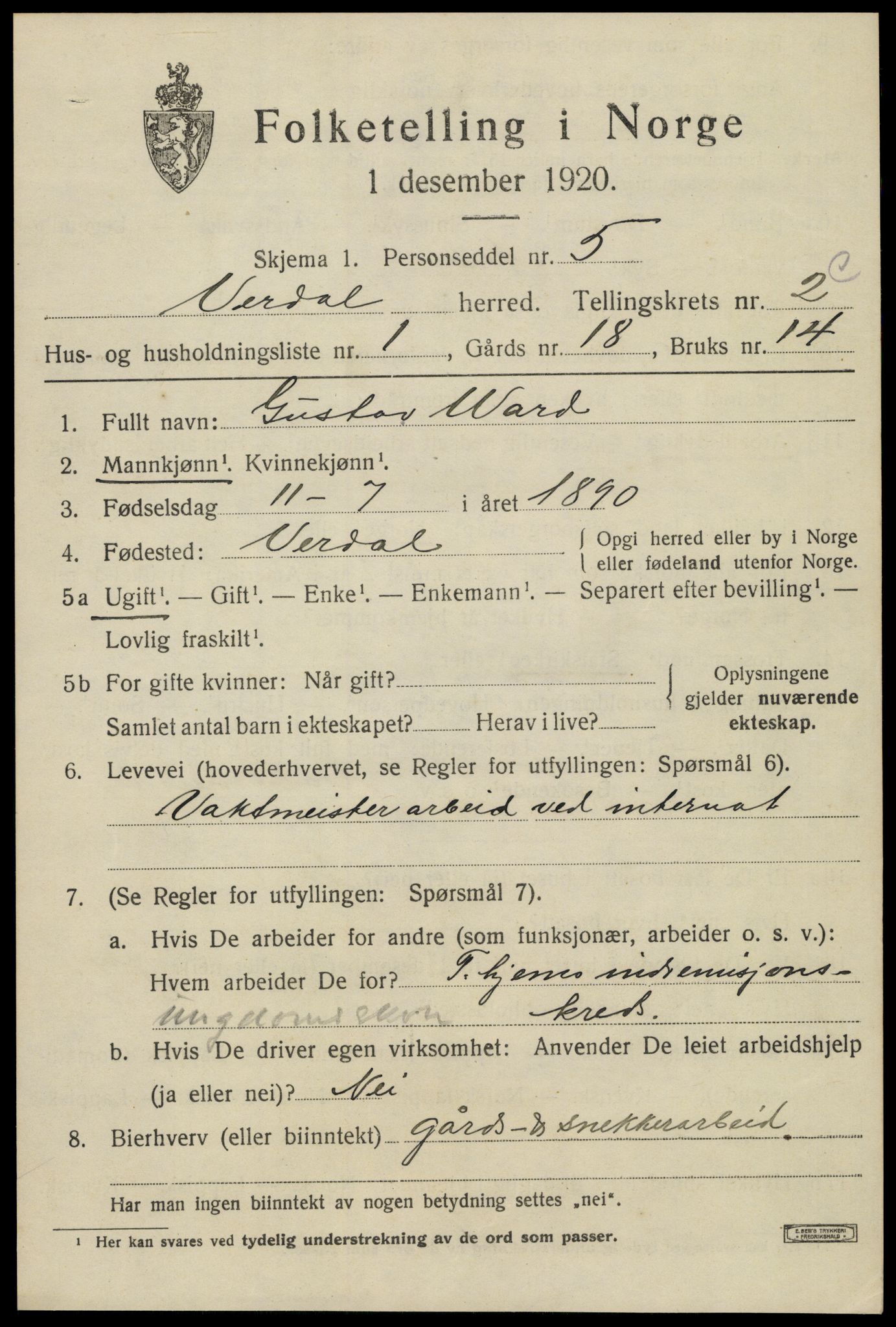 SAT, 1920 census for Verdal, 1920, p. 5335