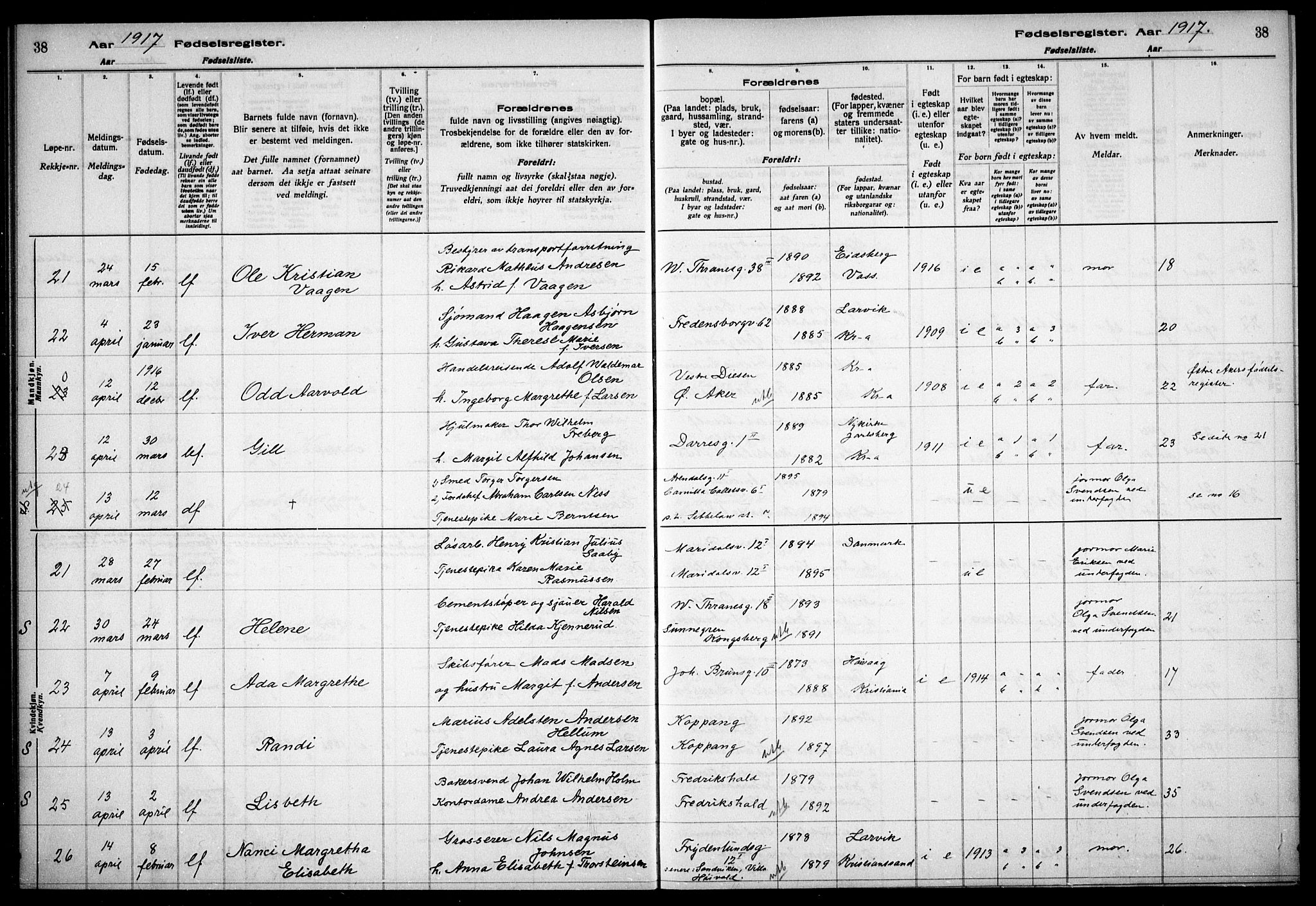 Gamle Aker prestekontor Kirkebøker, AV/SAO-A-10617a/J/L0001: Birth register no. 1, 1916-1927, p. 38