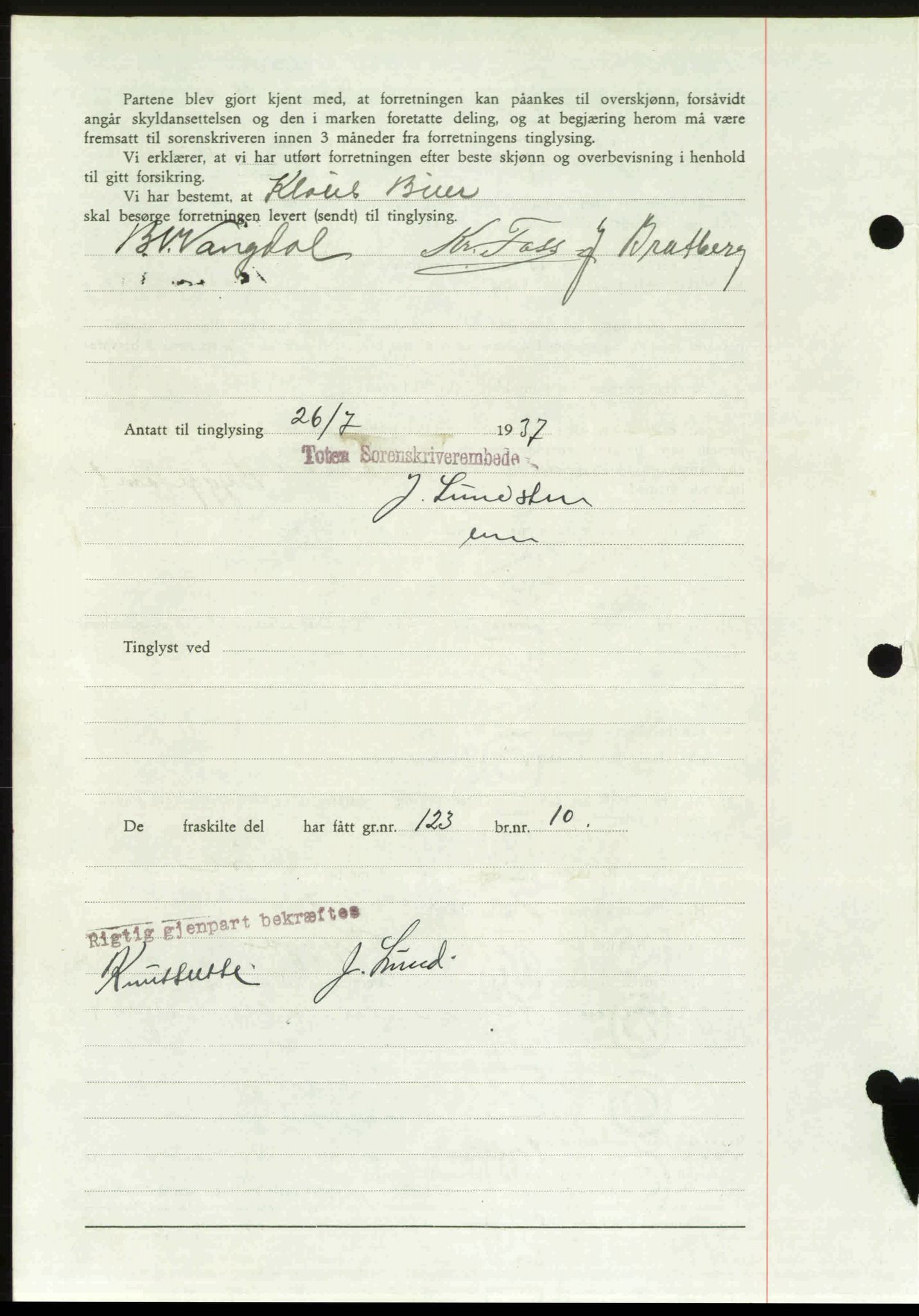 Toten tingrett, SAH/TING-006/H/Hb/Hbc/L0003: Mortgage book no. Hbc-03, 1937-1938, Diary no: : 1799/1937