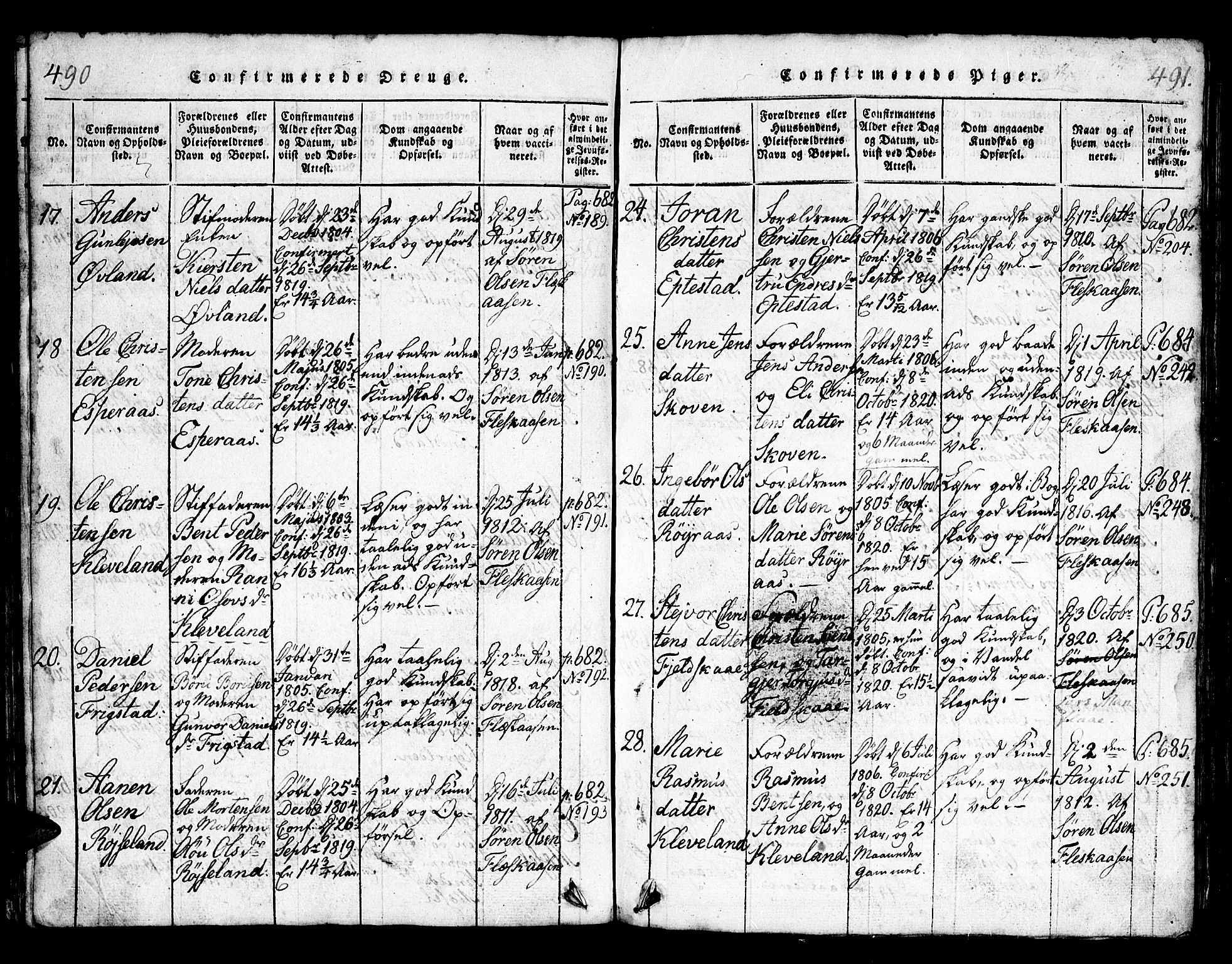 Bjelland sokneprestkontor, SAK/1111-0005/F/Fb/Fbb/L0003: Parish register (copy) no. B 3, 1816-1868, p. 490-491