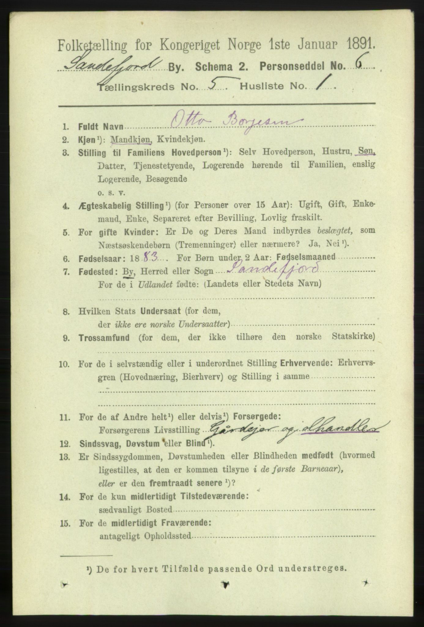 RA, 1891 census for 0706 Sandefjord, 1891, p. 1743