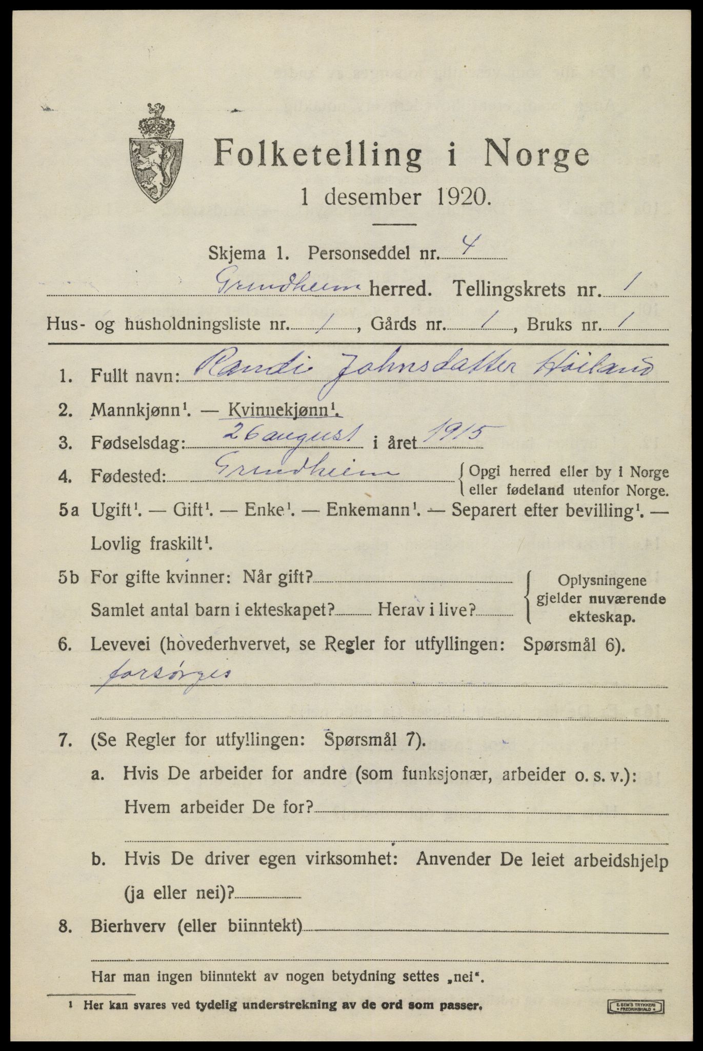 SAK, 1920 census for Grindheim, 1920, p. 409