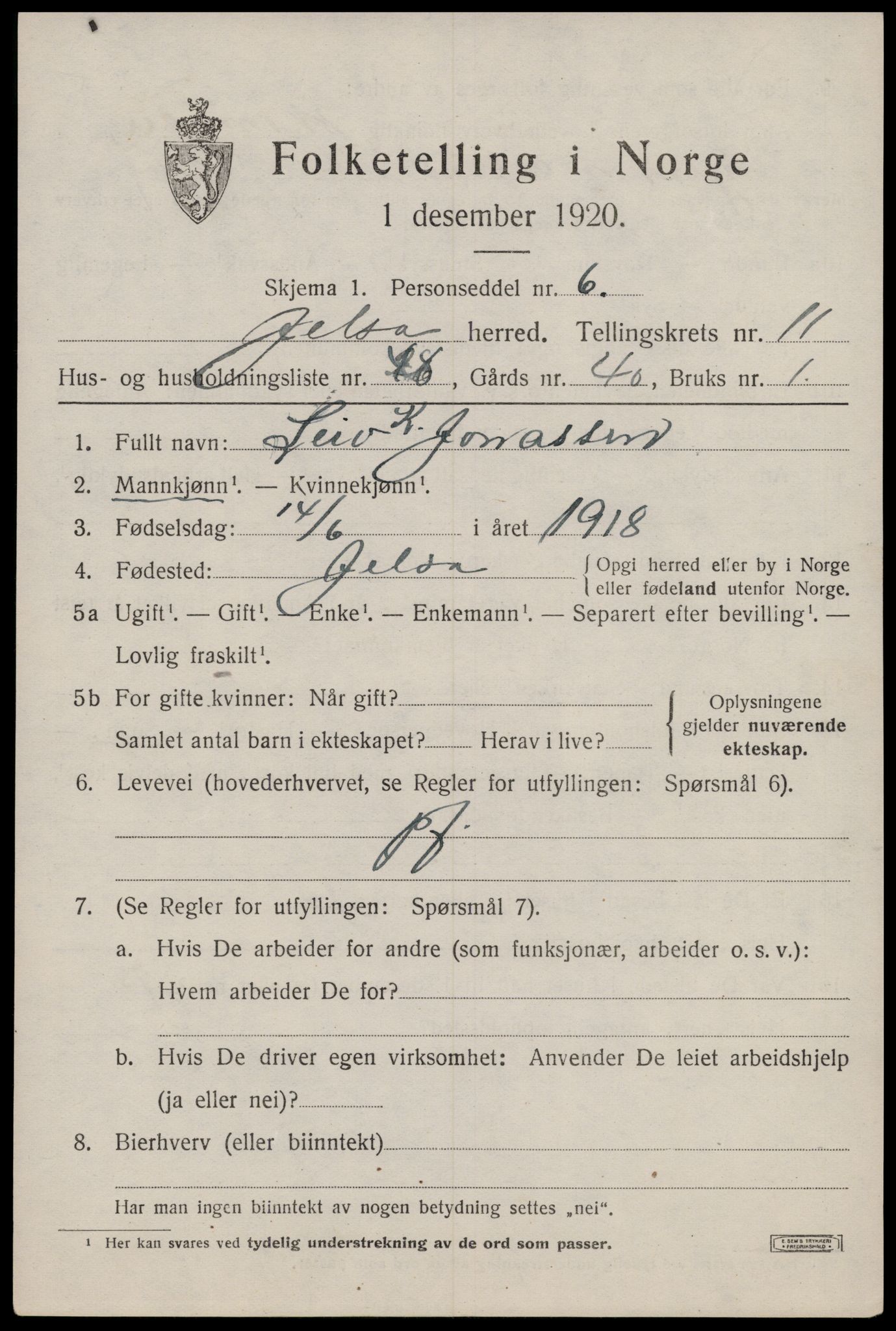 SAST, 1920 census for Jelsa, 1920, p. 3300