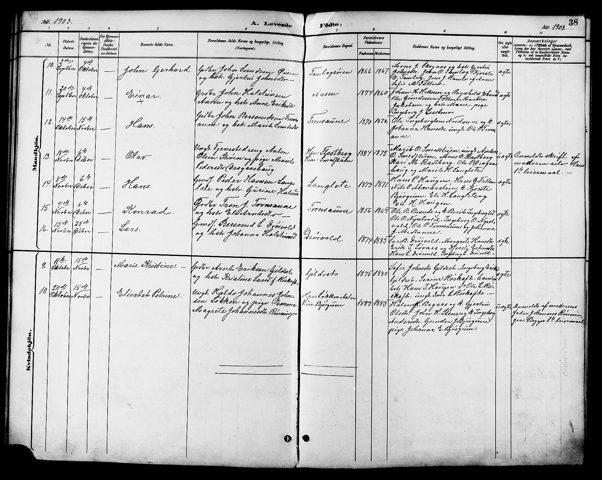 Ministerialprotokoller, klokkerbøker og fødselsregistre - Sør-Trøndelag, SAT/A-1456/685/L0978: Parish register (copy) no. 685C03, 1891-1907, p. 38