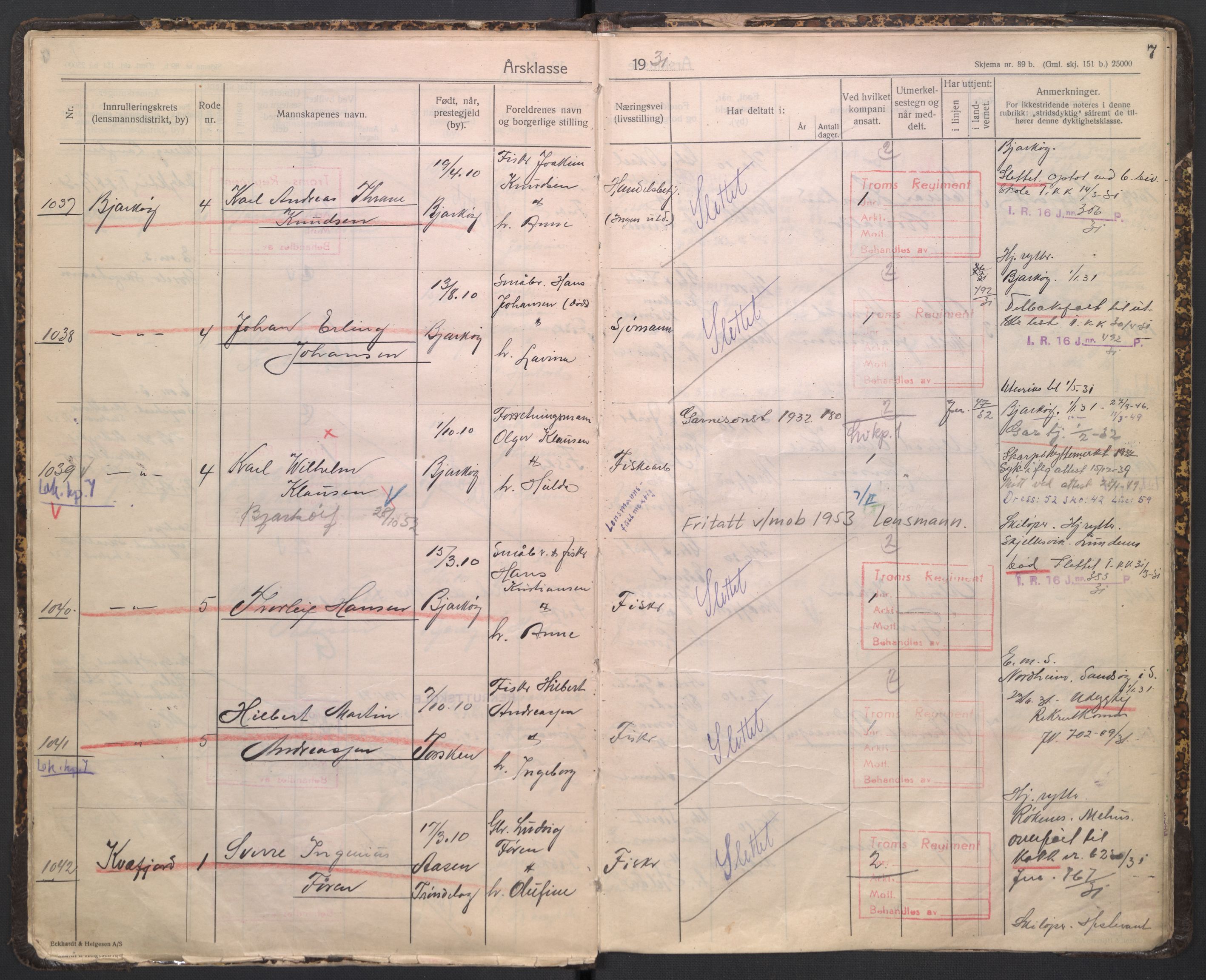 Forsvaret, Troms infanteriregiment nr. 16, AV/RA-RAFA-3146/P/Pa/L0005/0005: Ruller / Rulle for Trondenes bataljons menige mannskaper, årsklasse 1931, 1931, p. 7