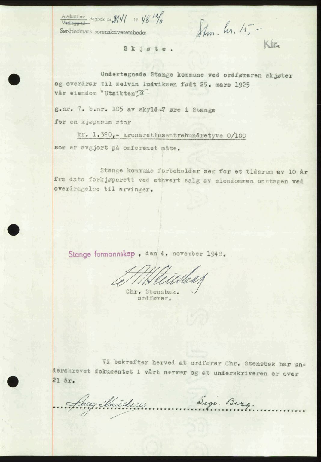 Sør-Hedmark sorenskriveri, AV/SAH-TING-014/H/Hb/Hbd/L0018: Mortgage book no. 18, 1948-1949, Diary no: : 3141/1948