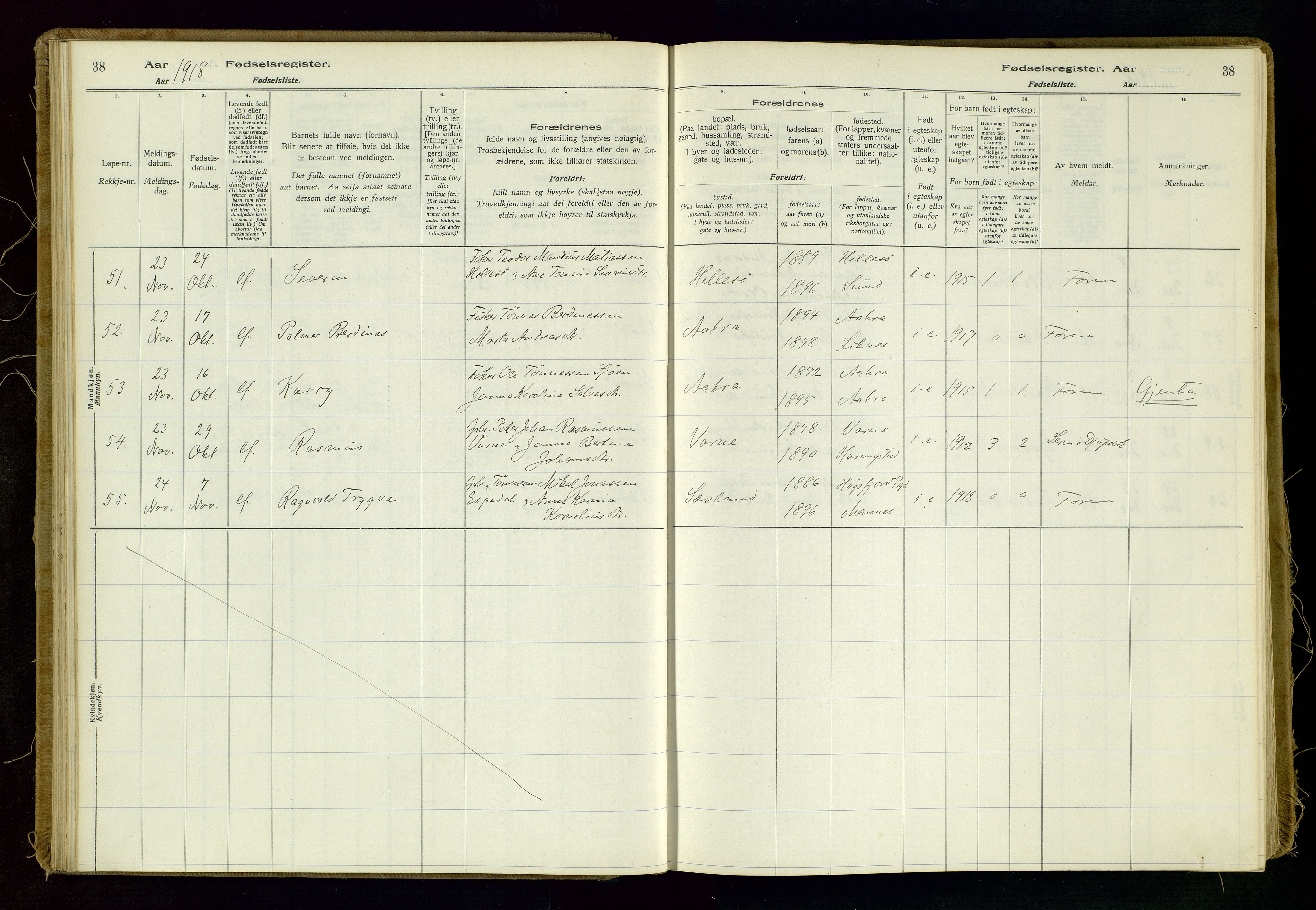 Kopervik sokneprestkontor, AV/SAST-A-101850/I/Id/L0006: Birth register no. 6, 1916-1934, p. 38