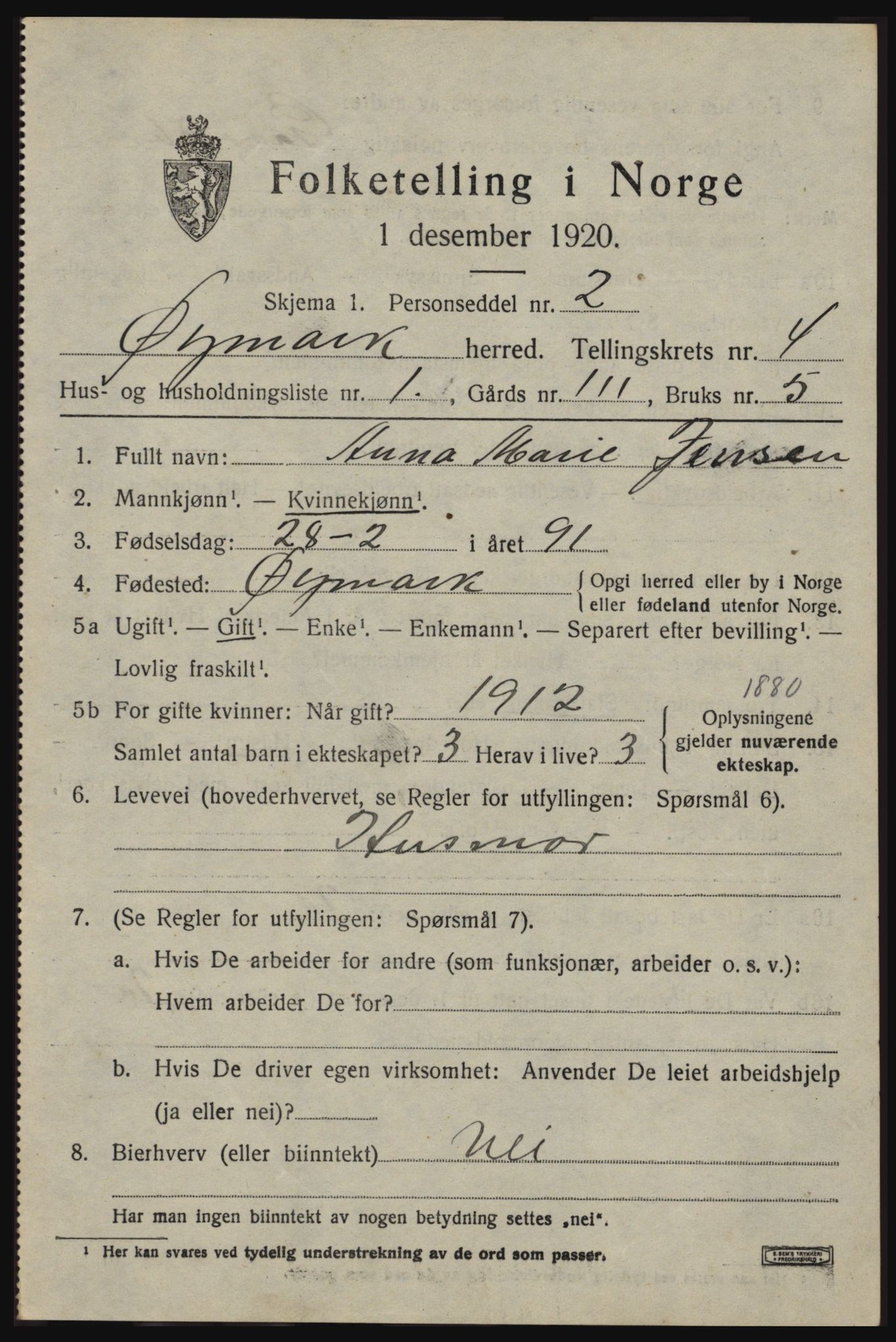 SAO, 1920 census for Øymark, 1920, p. 3155